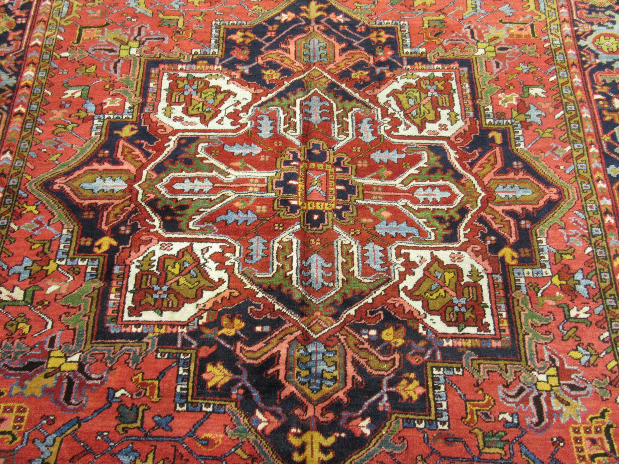 Antique Hand-Knotted Wool Persian Heriz Area Rug For Sale 1