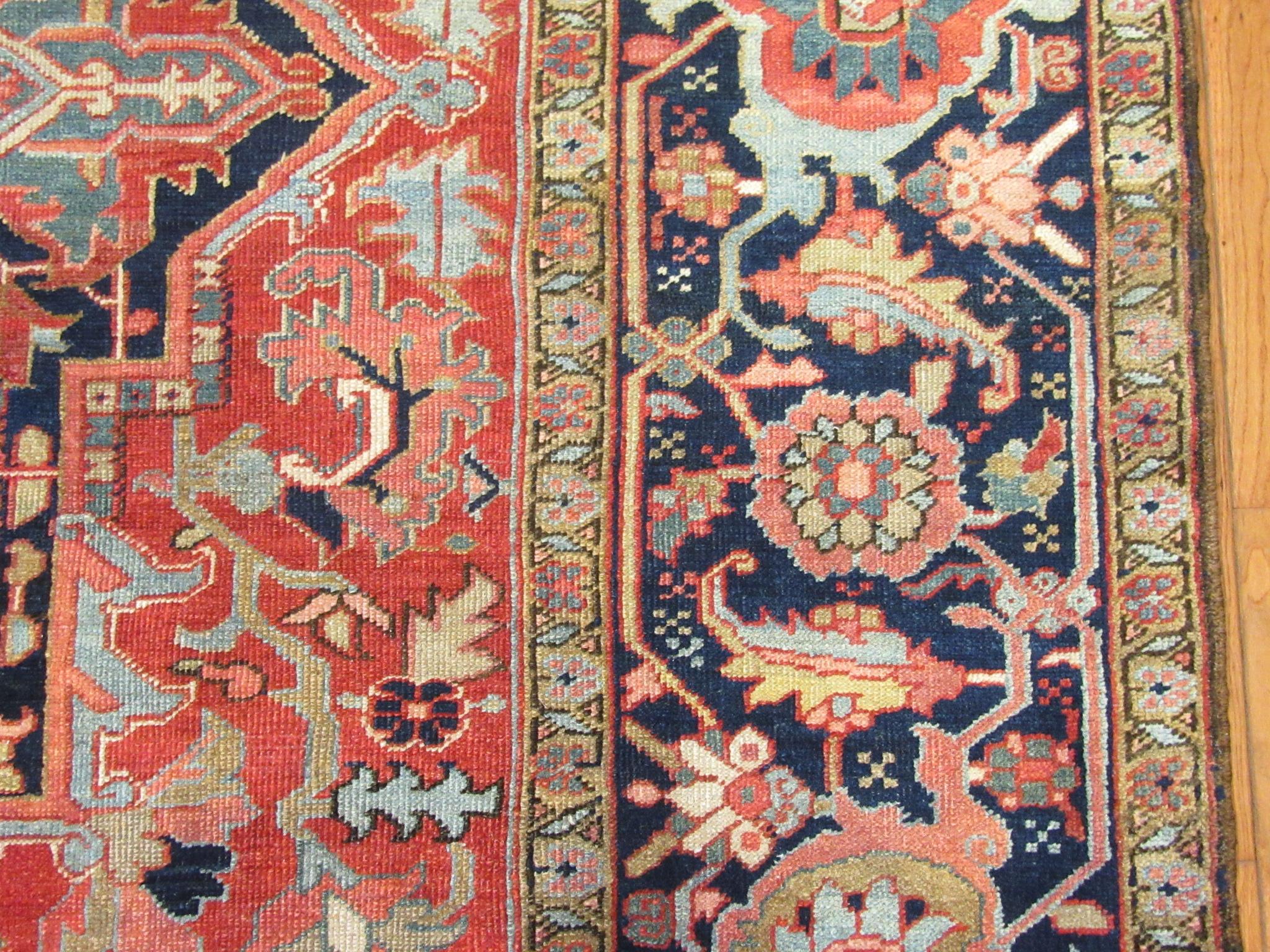 Antique Hand Knotted Red, Blue Navy Wool Persian Heriz Rug For Sale 2