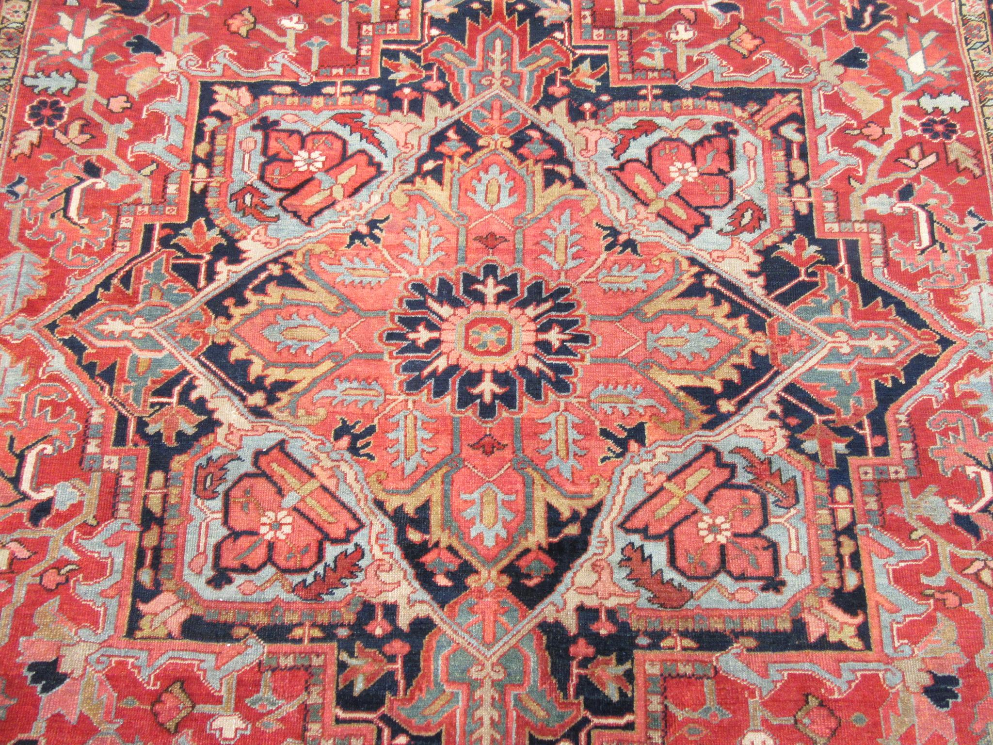 Antique Hand Knotted Red, Blue Navy Wool Persian Heriz Rug For Sale 3
