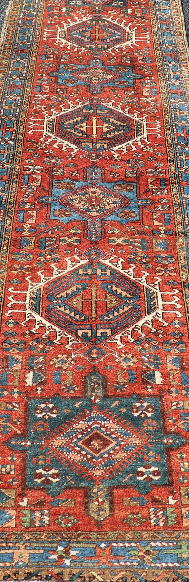 Heriz Serapi Antique Hand Knotted Persian Heriz Runner with All-Over Sub-Geometric Design For Sale
