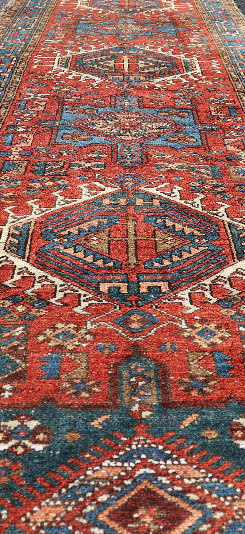 Hand-Knotted Antique Hand Knotted Persian Heriz Runner with All-Over Sub-Geometric Design For Sale