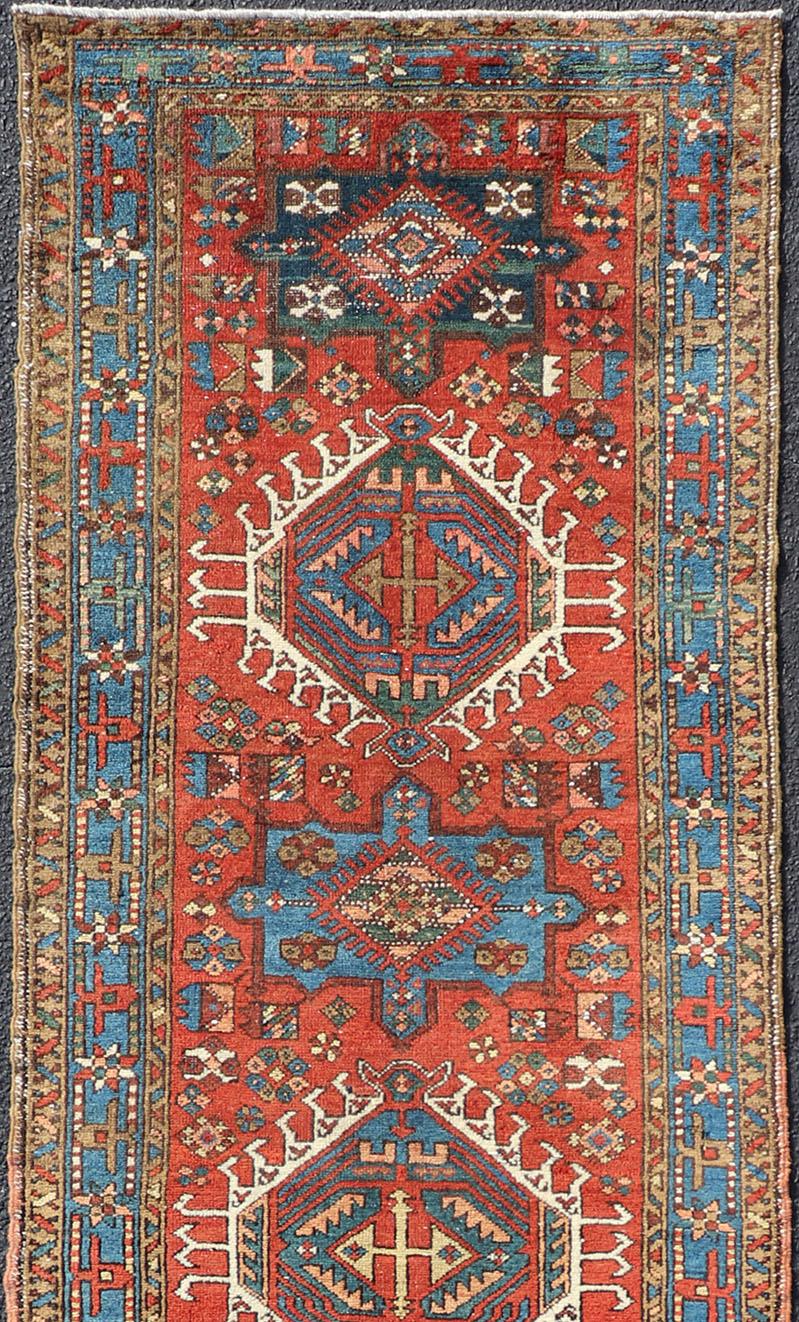 Wool Antique Hand Knotted Persian Heriz Runner with All-Over Sub-Geometric Design For Sale