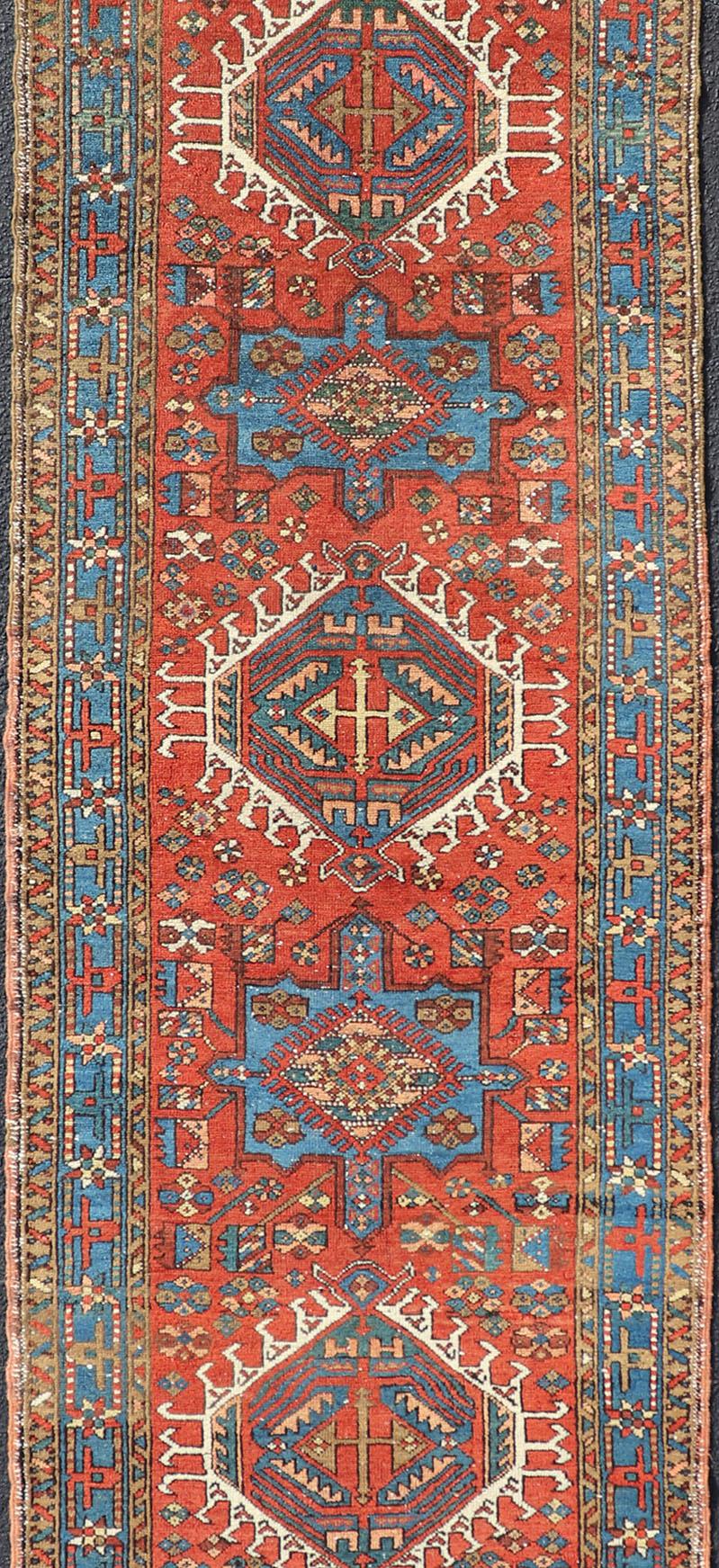 Antique Hand Knotted Persian Heriz Runner with All-Over Sub-Geometric Design For Sale 1
