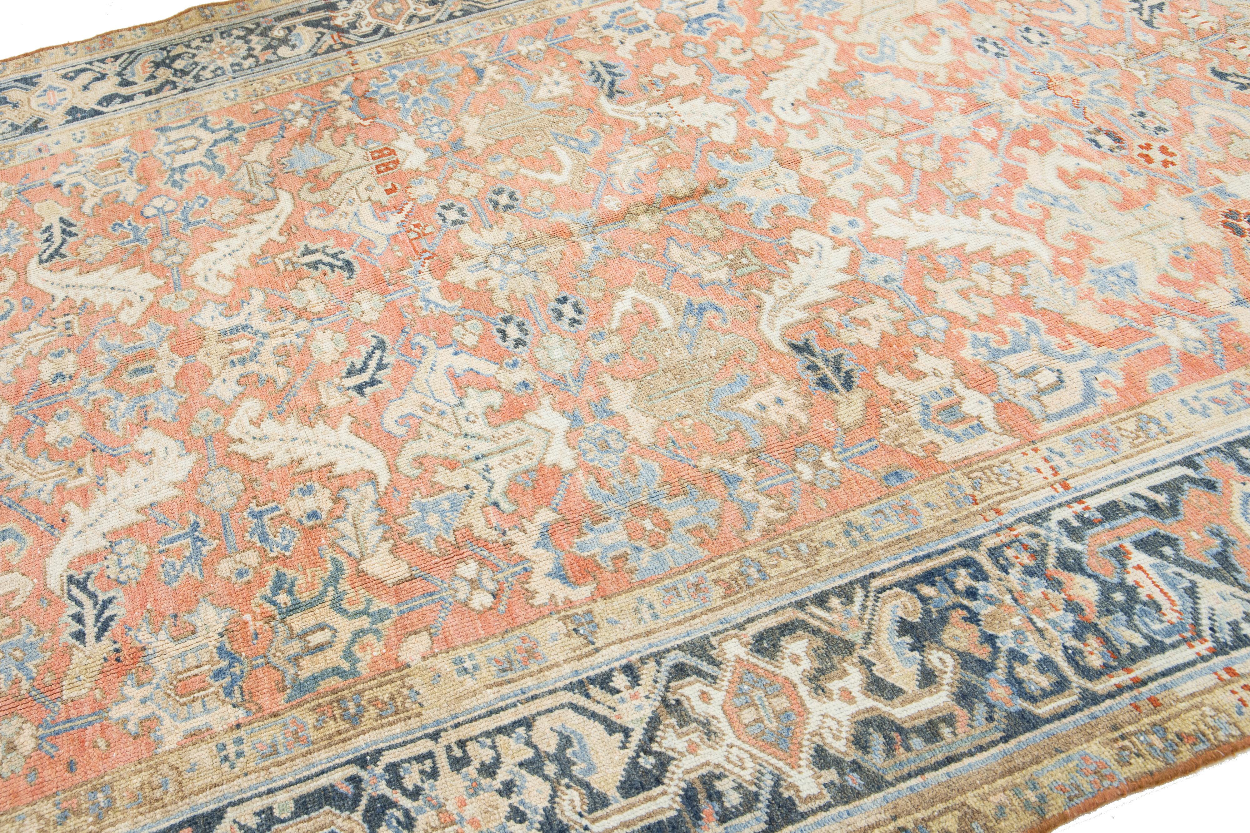 Antique Hand-knotted Persian Heriz Wool Rug In Peach With Allover Motif In Excellent Condition For Sale In Norwalk, CT