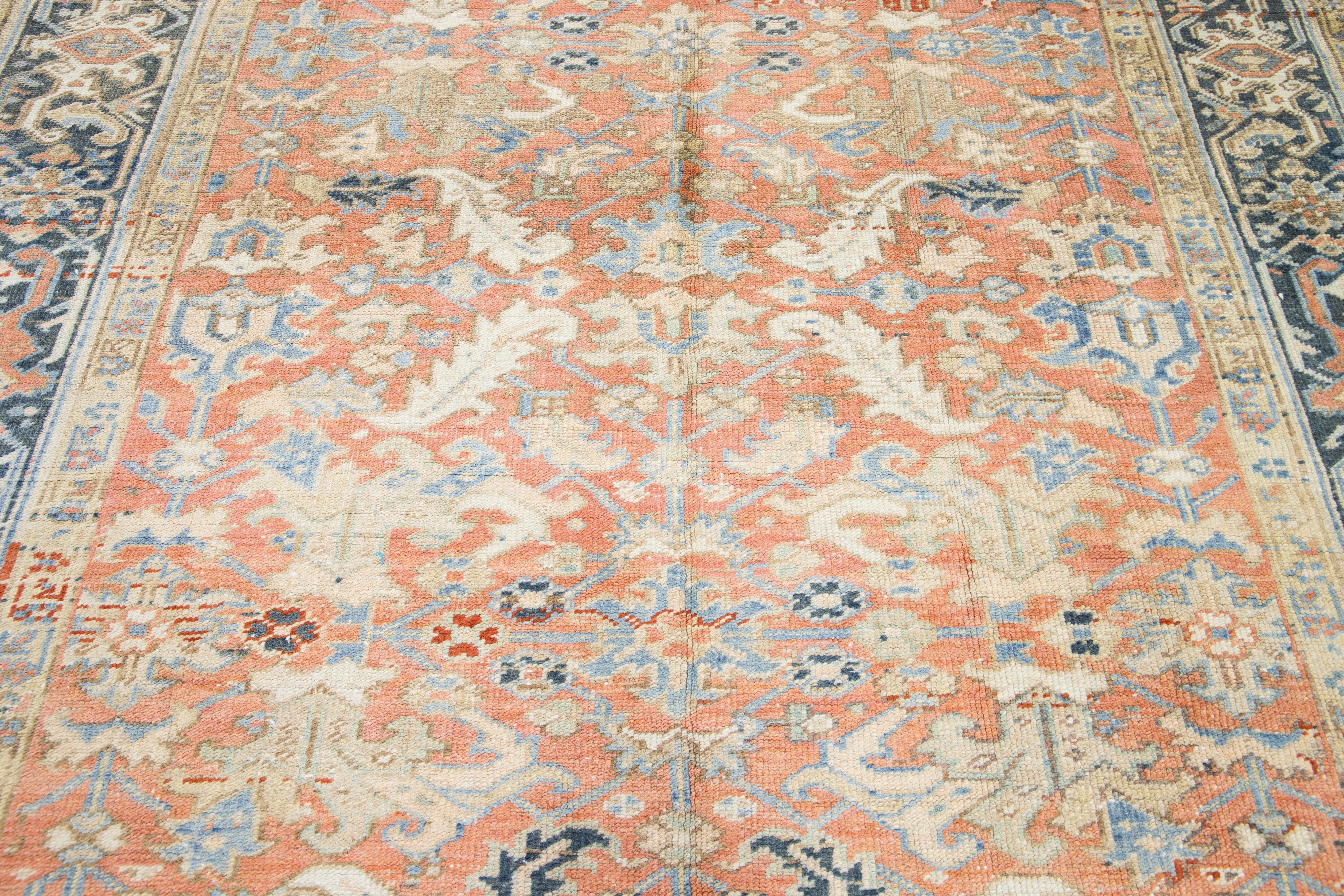 Antique Hand-knotted Persian Heriz Wool Rug In Peach With Allover Motif For Sale 2