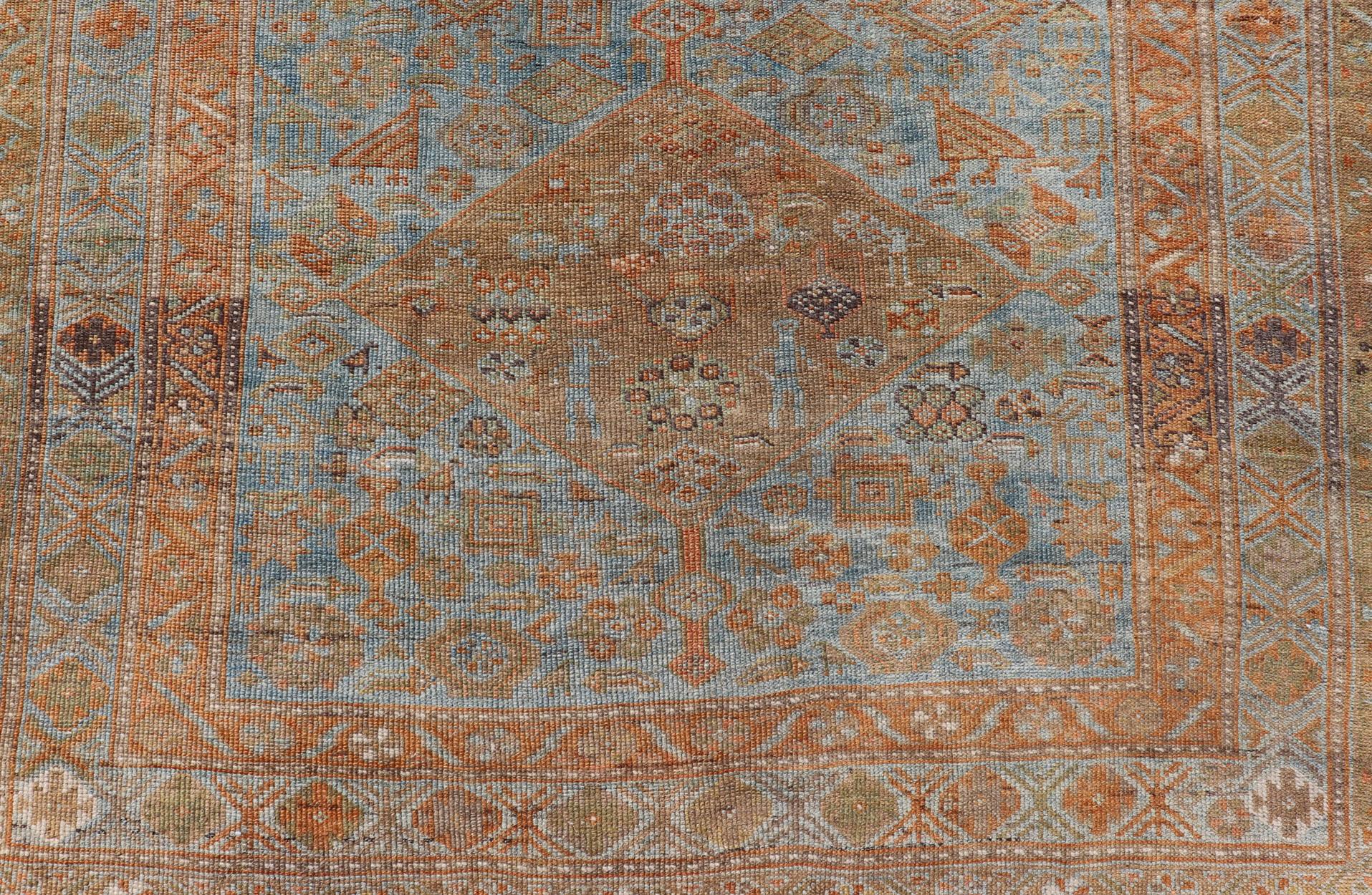 Antique Hand Knotted Persian Kurdish Rug in Blue, Green and Soft Red For Sale 4