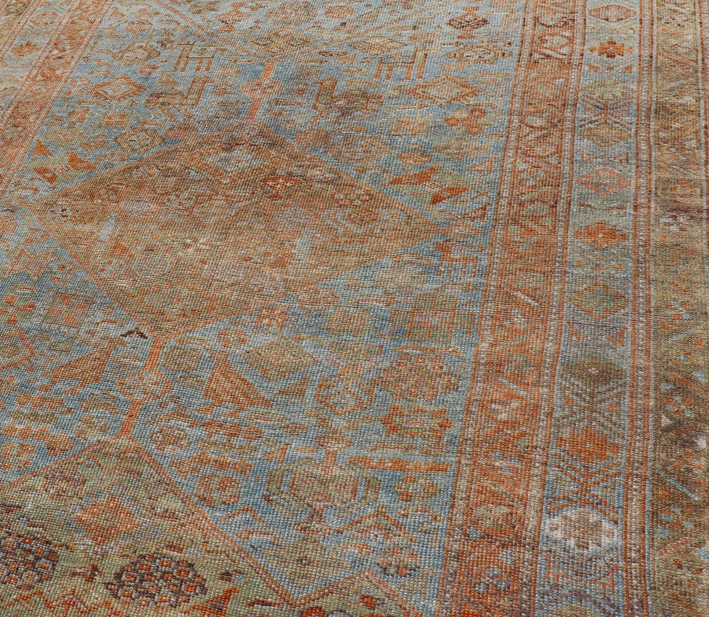 Antique Hand Knotted Persian Kurdish Rug in Blue, Green and Soft Red For Sale 5