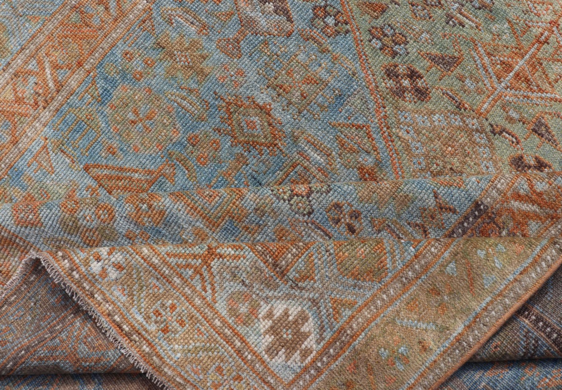 Antique Hand Knotted Persian Kurdish Rug in Blue, Green and Soft Red For Sale 6