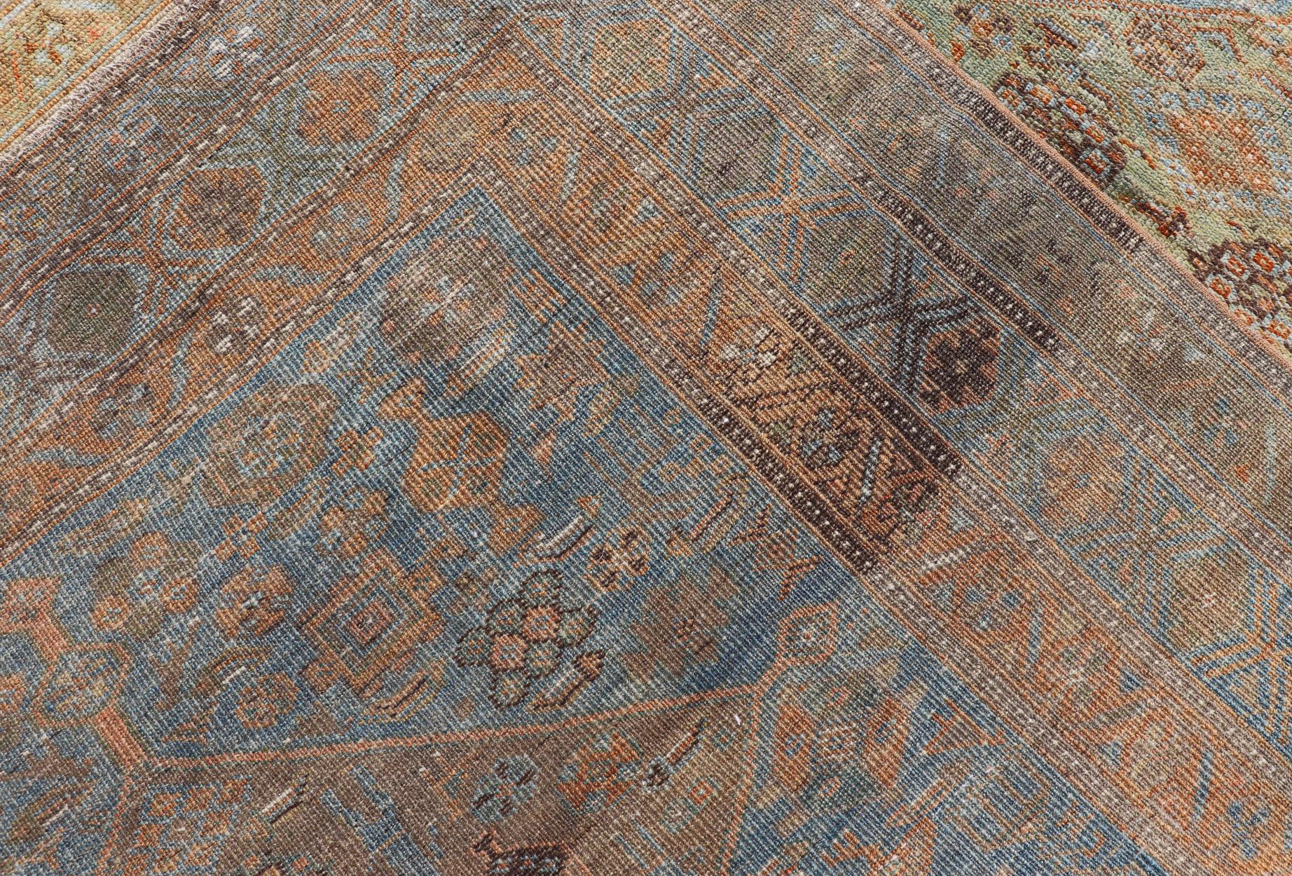 Antique Hand Knotted Persian Kurdish Rug in Blue, Green and Soft Red For Sale 7