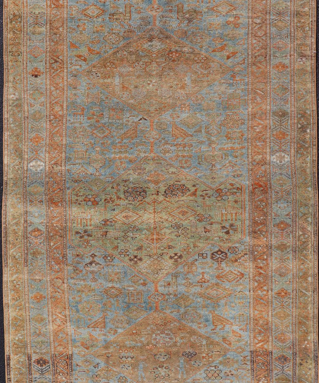 Hand-Knotted Antique Hand Knotted Persian Kurdish Rug in Blue, Green and Soft Red For Sale