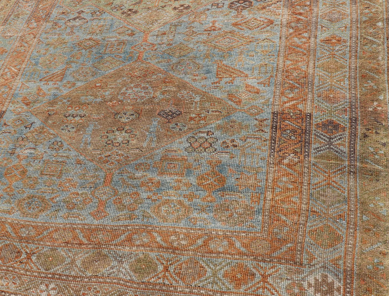 Antique Hand Knotted Persian Kurdish Rug in Blue, Green and Soft Red In Good Condition For Sale In Atlanta, GA