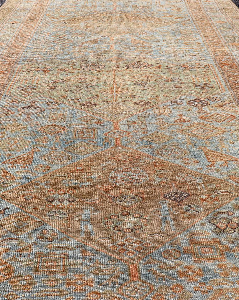 Wool Antique Hand Knotted Persian Kurdish Rug in Blue, Green and Soft Red For Sale