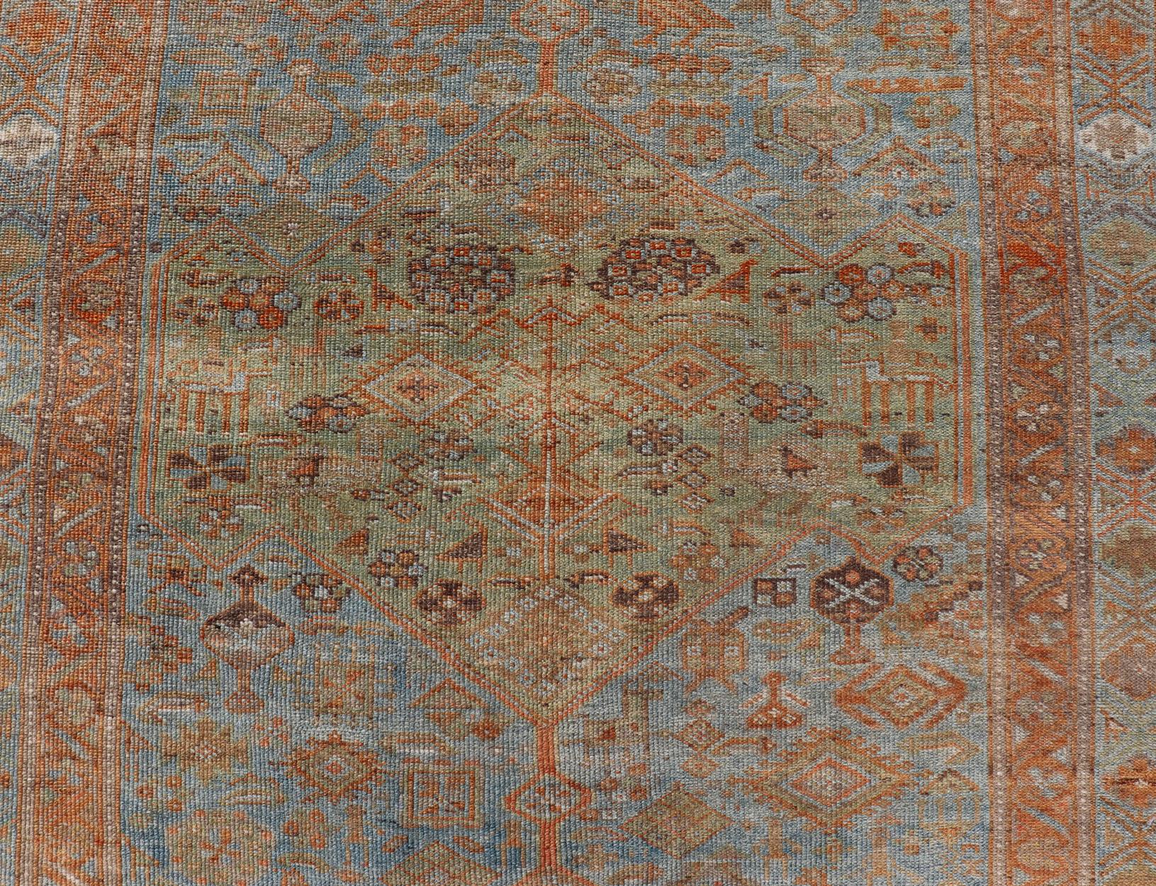 Antique Hand Knotted Persian Kurdish Rug in Blue, Green and Soft Red For Sale 1