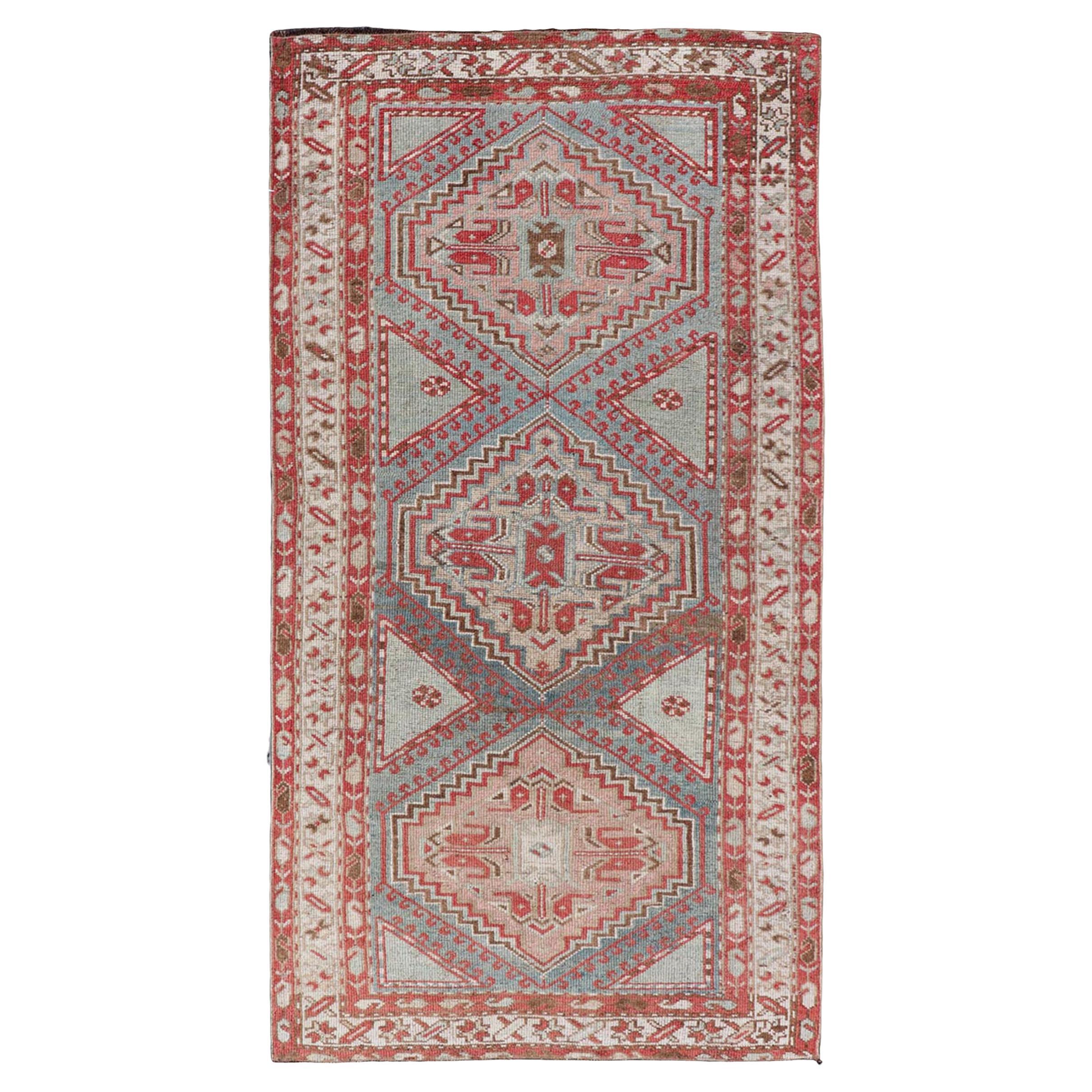 Antique Hand-Knotted Persian Kurdish Rug in Wool with Medallion Design