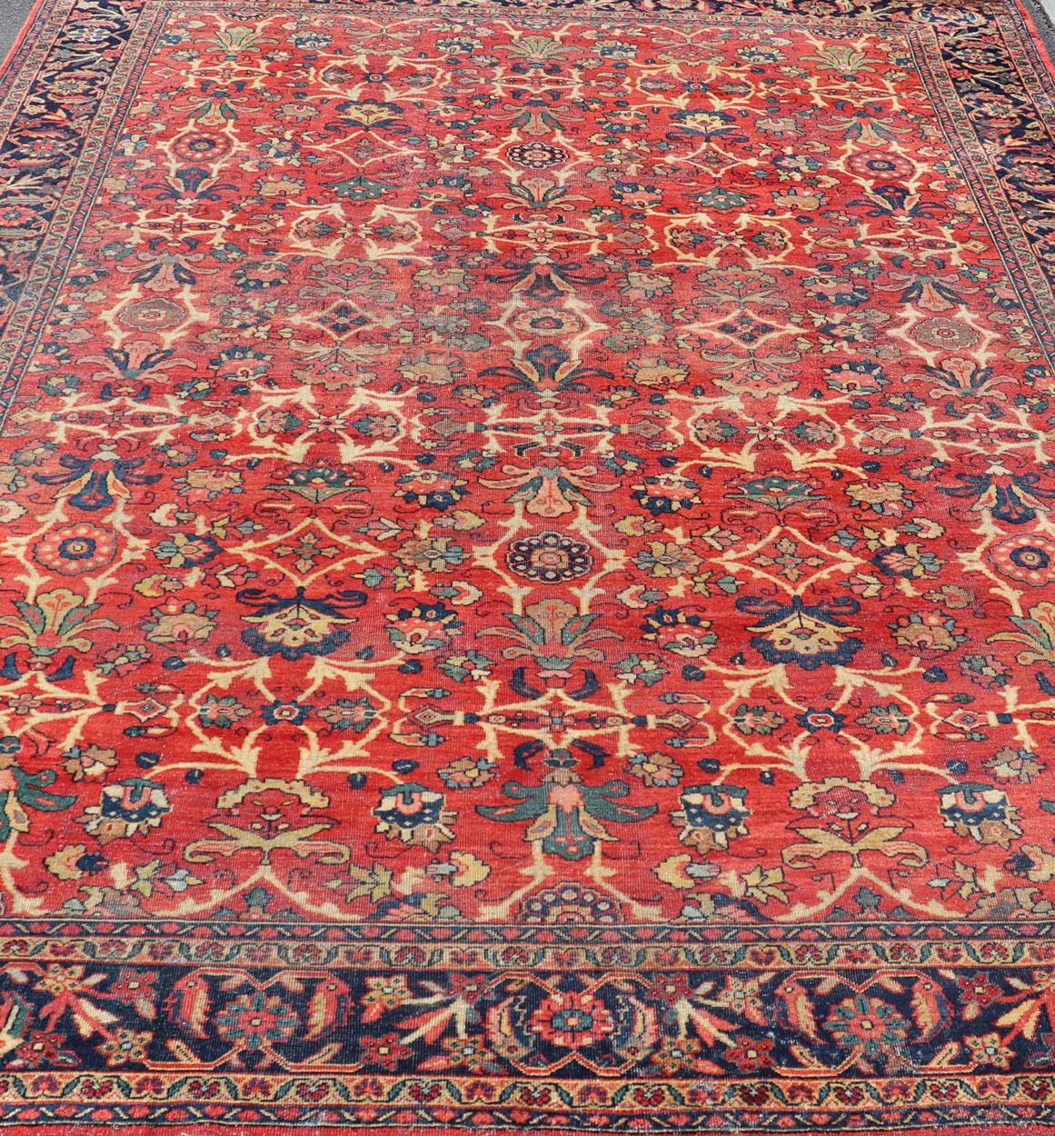 Antique Hand-Knotted Persian Mahal Rug with All-Over Design on Red Field For Sale 4