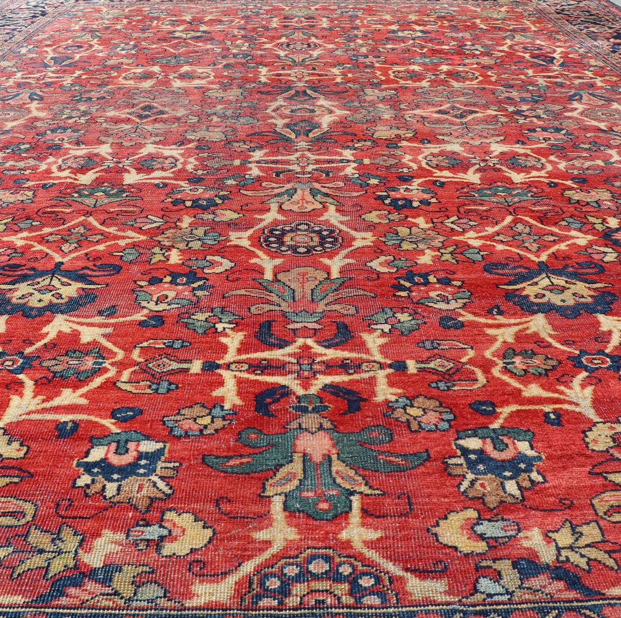 Antique Hand-Knotted Persian Mahal Rug with All-Over Design on Red Field For Sale 5