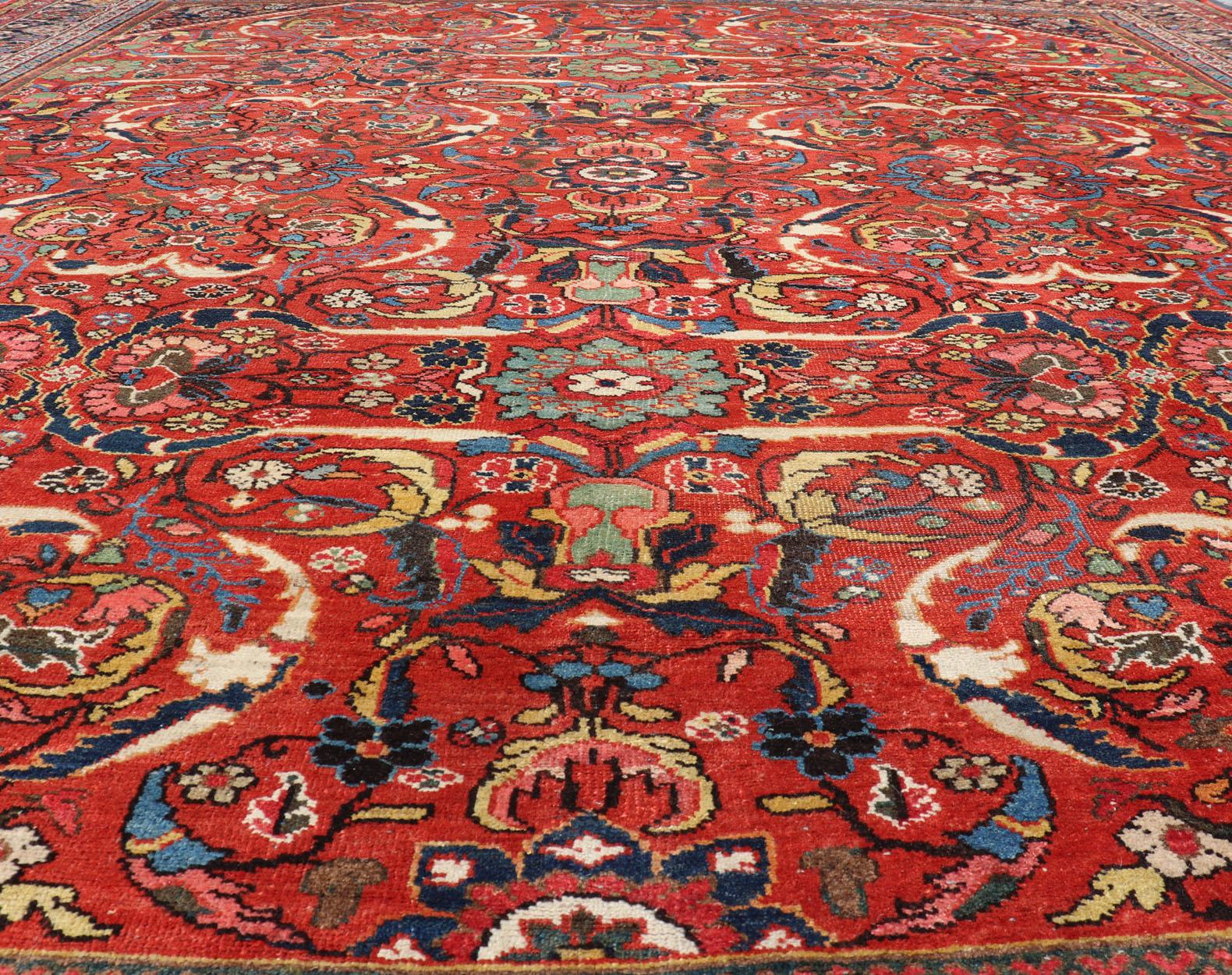 Hand-Knotted Antique Persian Sultanabad-Mahal Rug with All-Over Design on Red Field For Sale