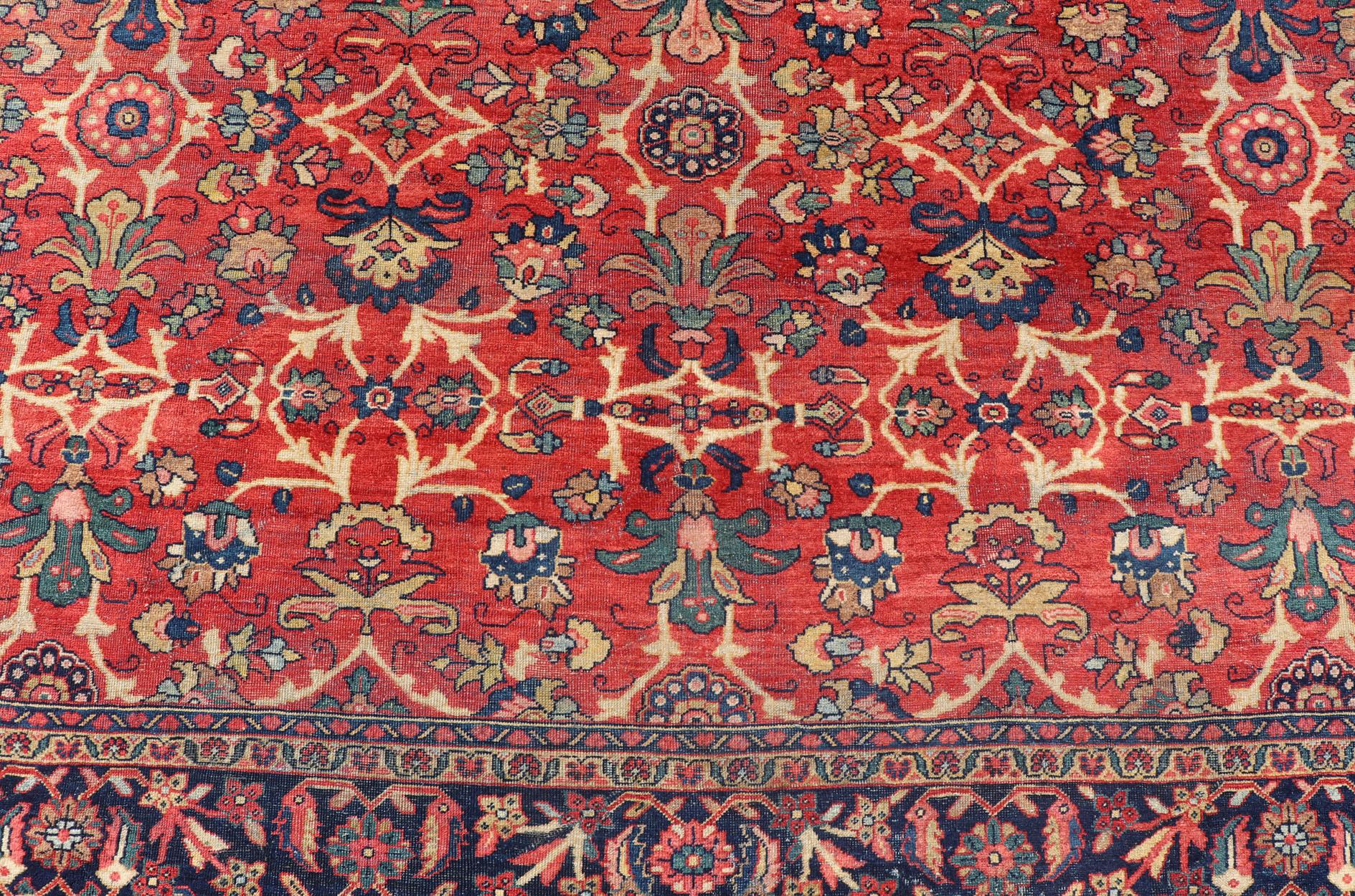 Antique Hand-Knotted Persian Mahal Rug with All-Over Design on Red Field In Good Condition For Sale In Atlanta, GA