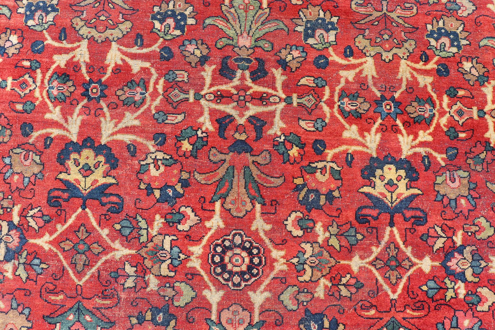 20th Century Antique Hand-Knotted Persian Mahal Rug with All-Over Design on Red Field For Sale