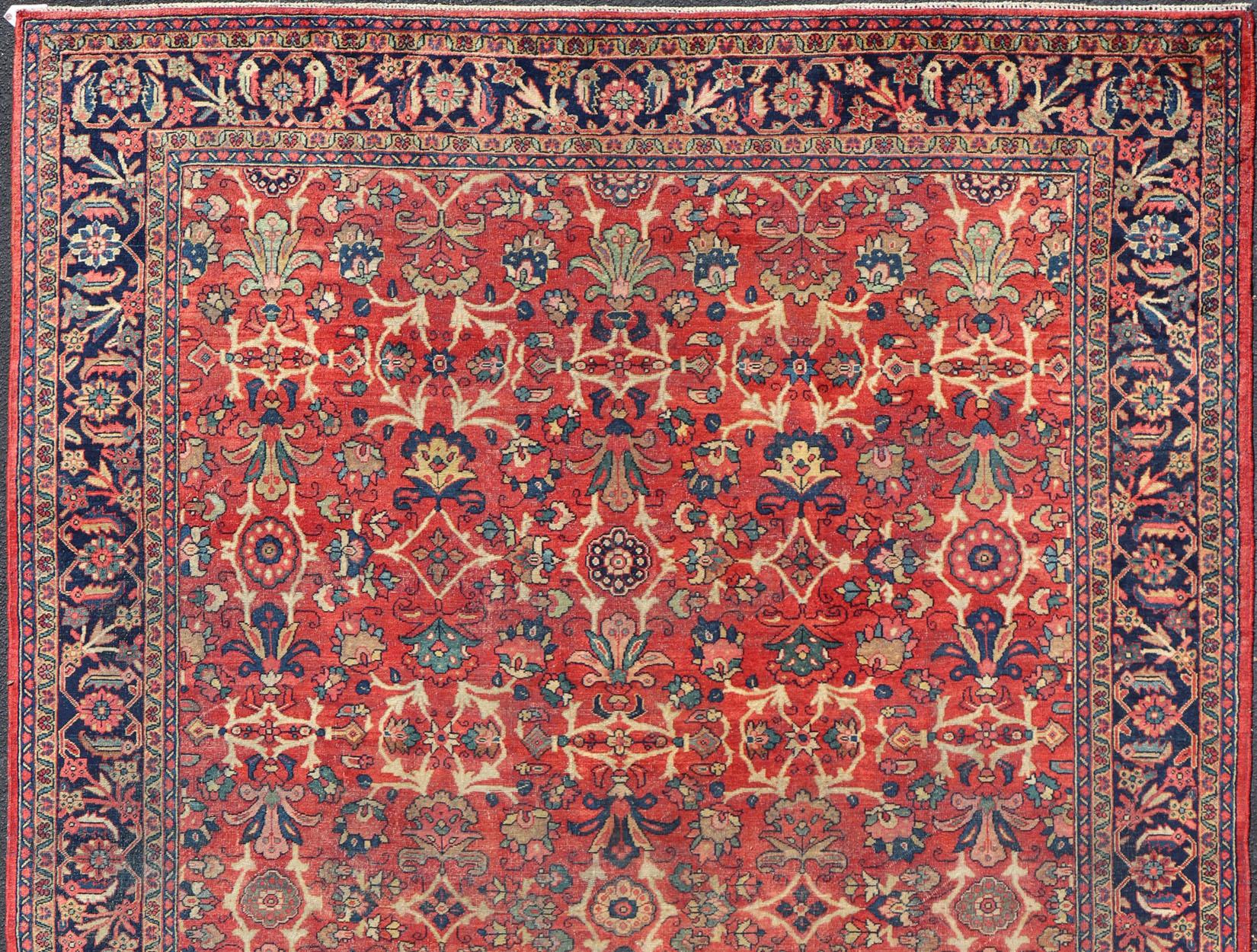 Antique Hand-Knotted Persian Mahal Rug with All-Over Design on Red Field For Sale 1