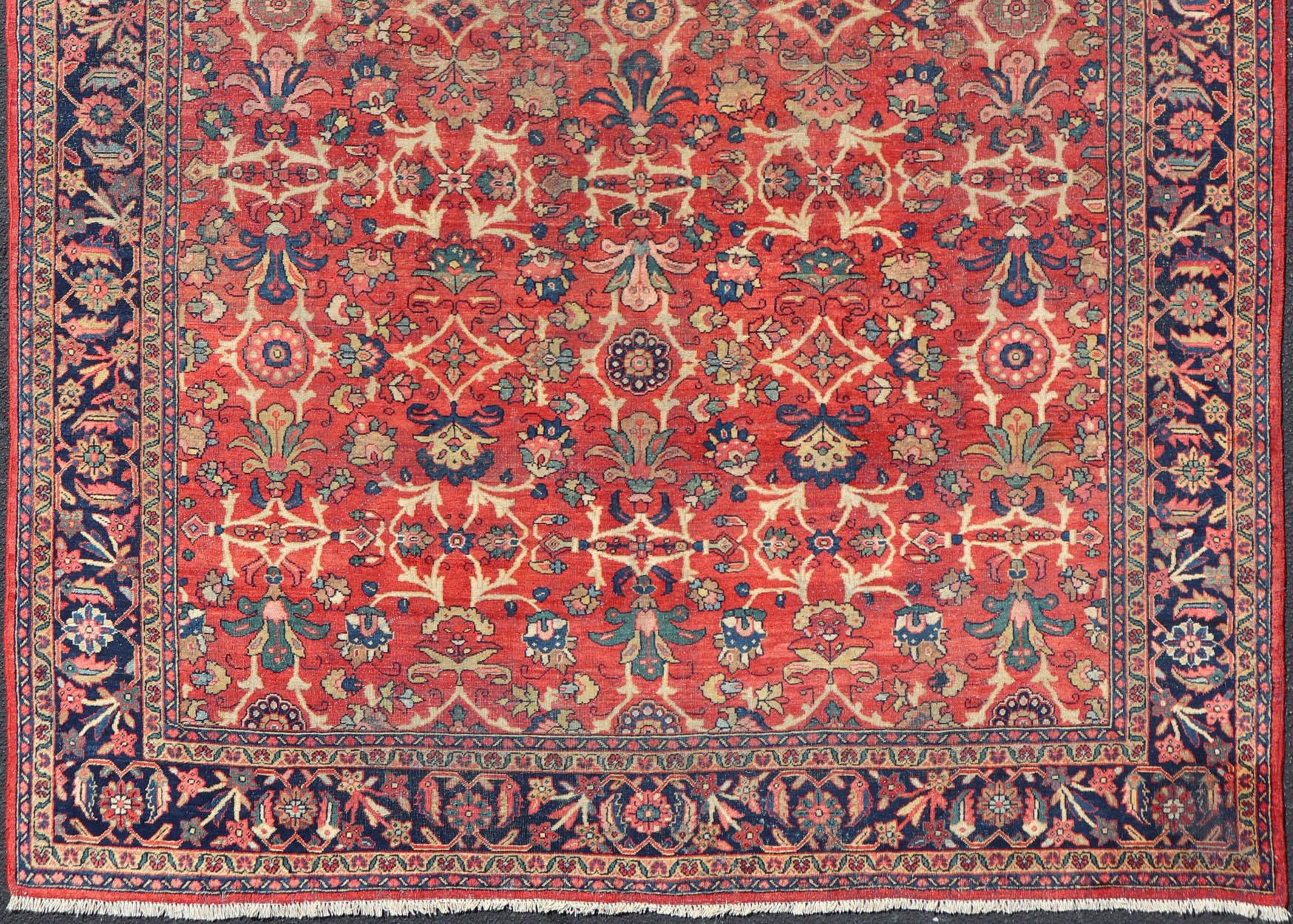 Antique Hand-Knotted Persian Mahal Rug with All-Over Design on Red Field For Sale 3