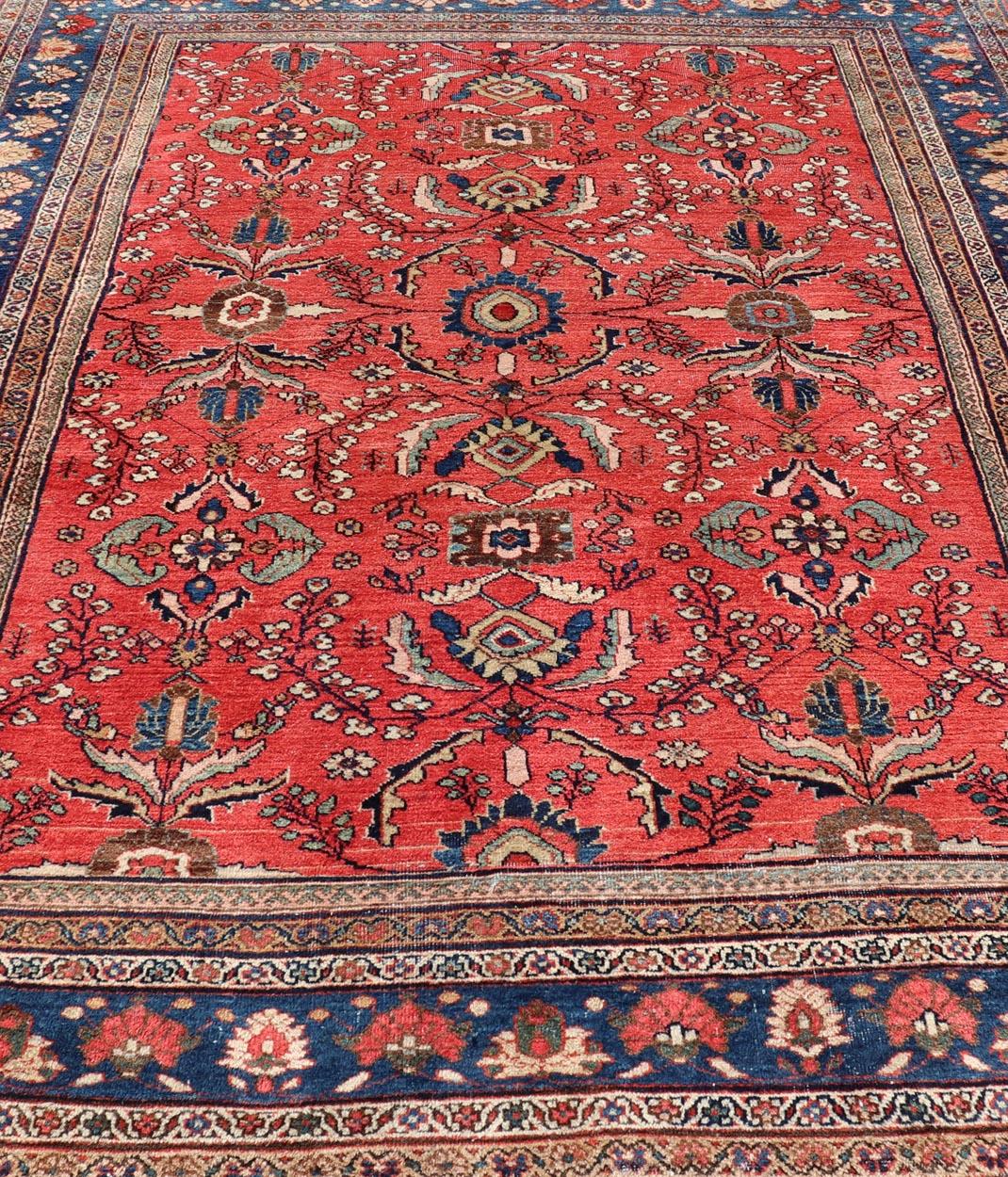 Antique Hand Knotted Persian Mahal with All-Over Florals on a Red Filed For Sale 3