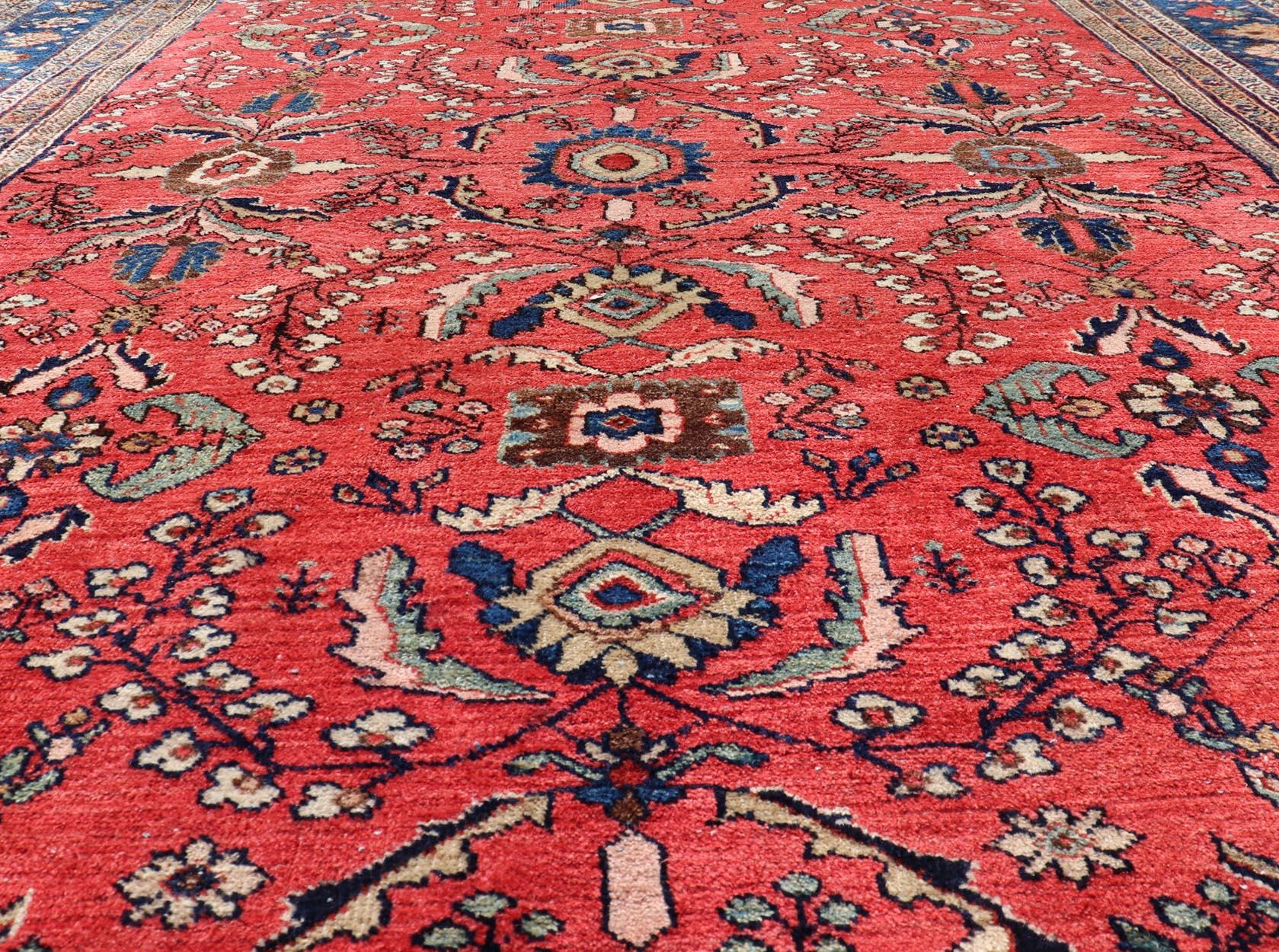 Antique Hand Knotted Persian Mahal with All-Over Florals on a Red Filed For Sale 4