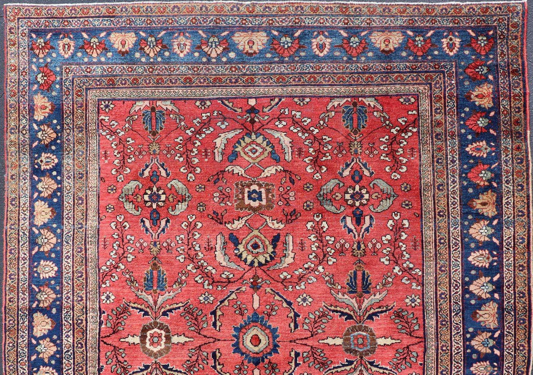 Antique Hand Knotted Persian Mahal with All-Over Florals on a Red Filed For Sale 5
