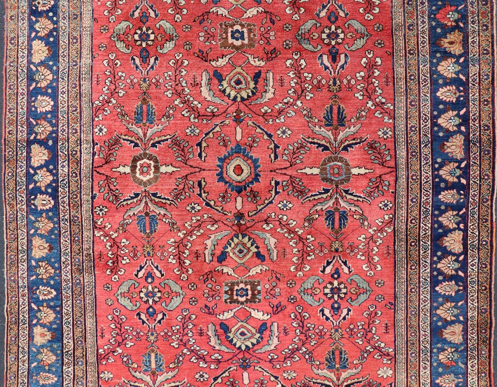 Antique Hand Knotted Persian Mahal with All-Over Florals on a Red Filed For Sale 6