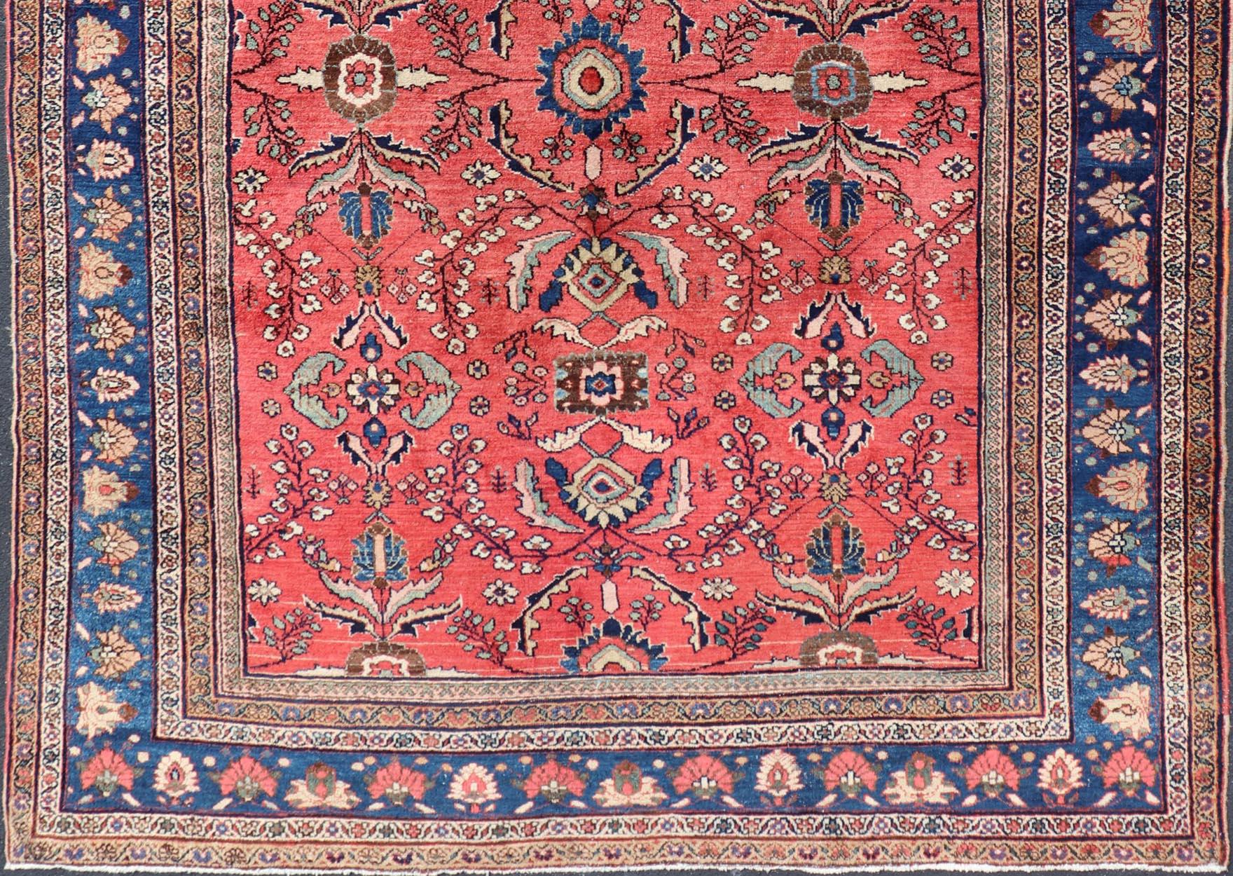 Antique Hand Knotted Persian Mahal with All-Over Florals on a Red Filed For Sale 7
