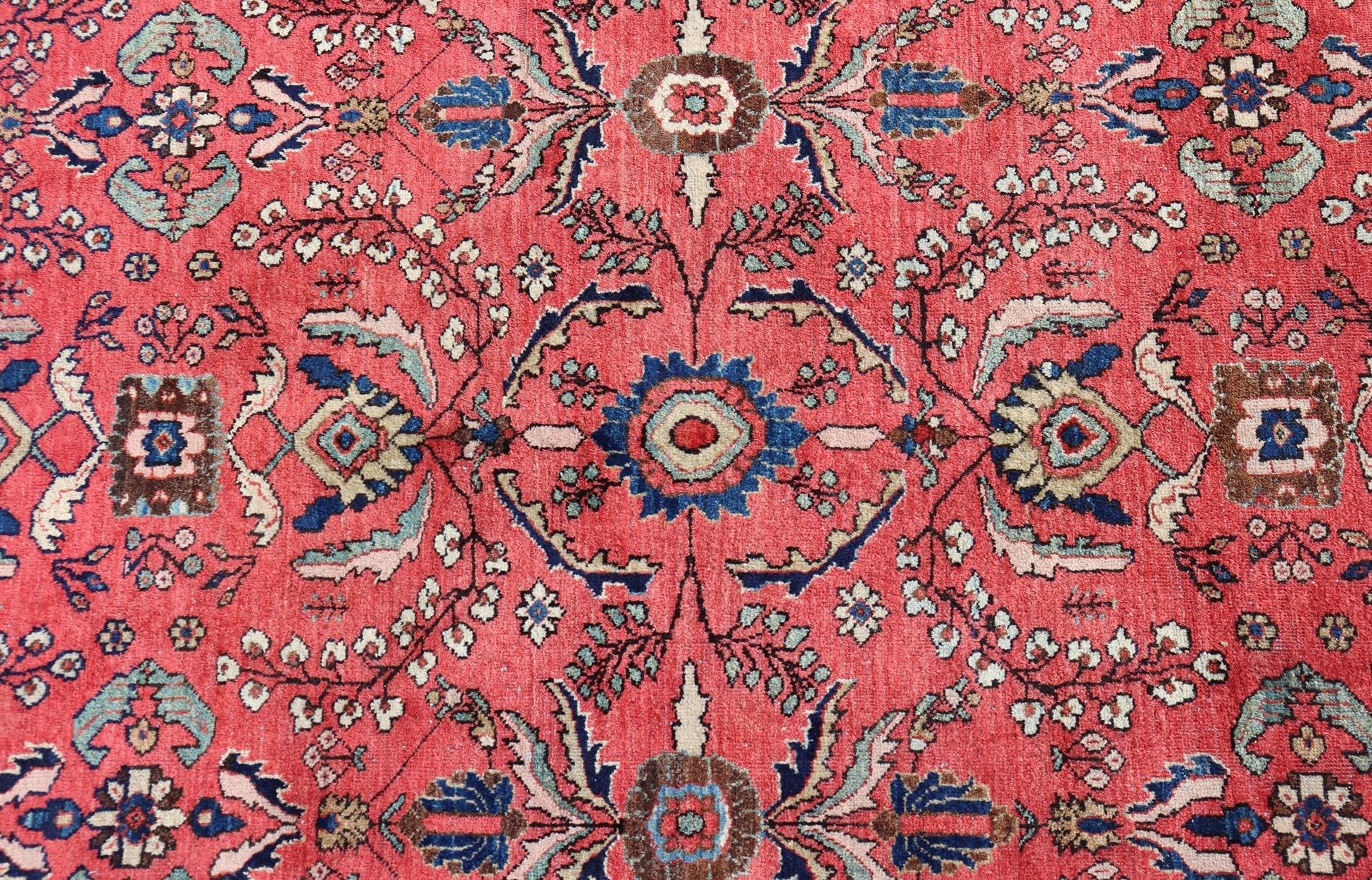 Antique Hand Knotted Persian Mahal with All-Over Florals on a Red Filed For Sale 8