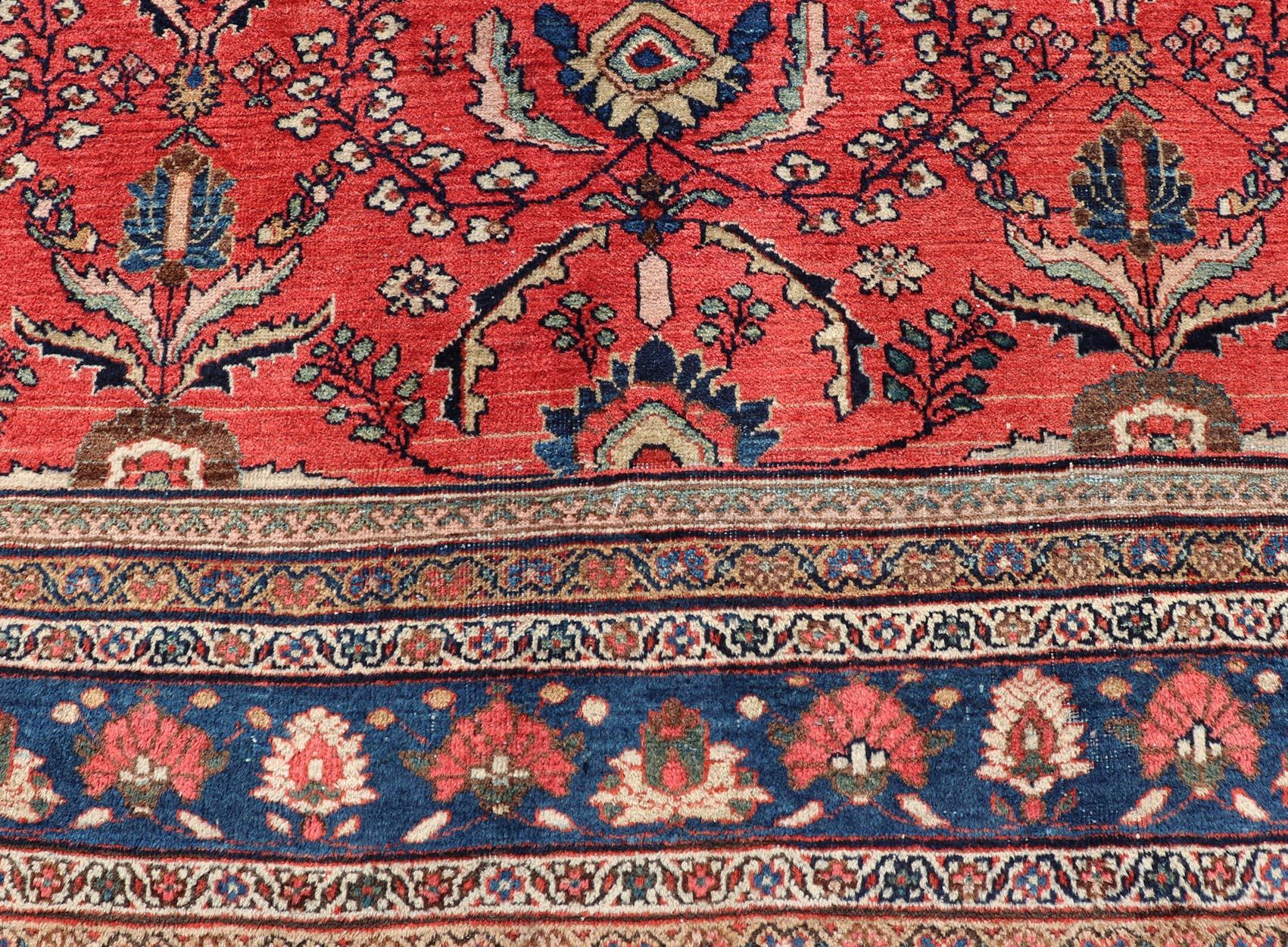 Hand-Knotted Antique Hand Knotted Persian Mahal with All-Over Florals on a Red Filed For Sale