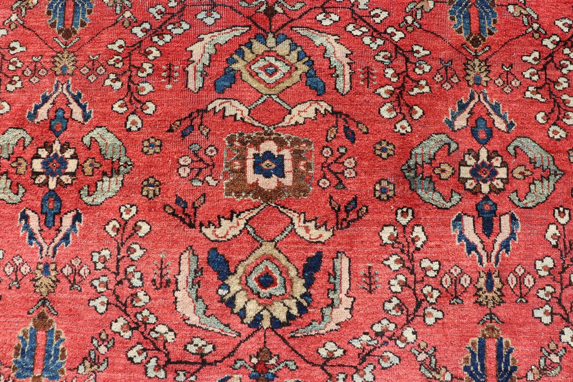 Wool Antique Hand Knotted Persian Mahal with All-Over Florals on a Red Filed For Sale