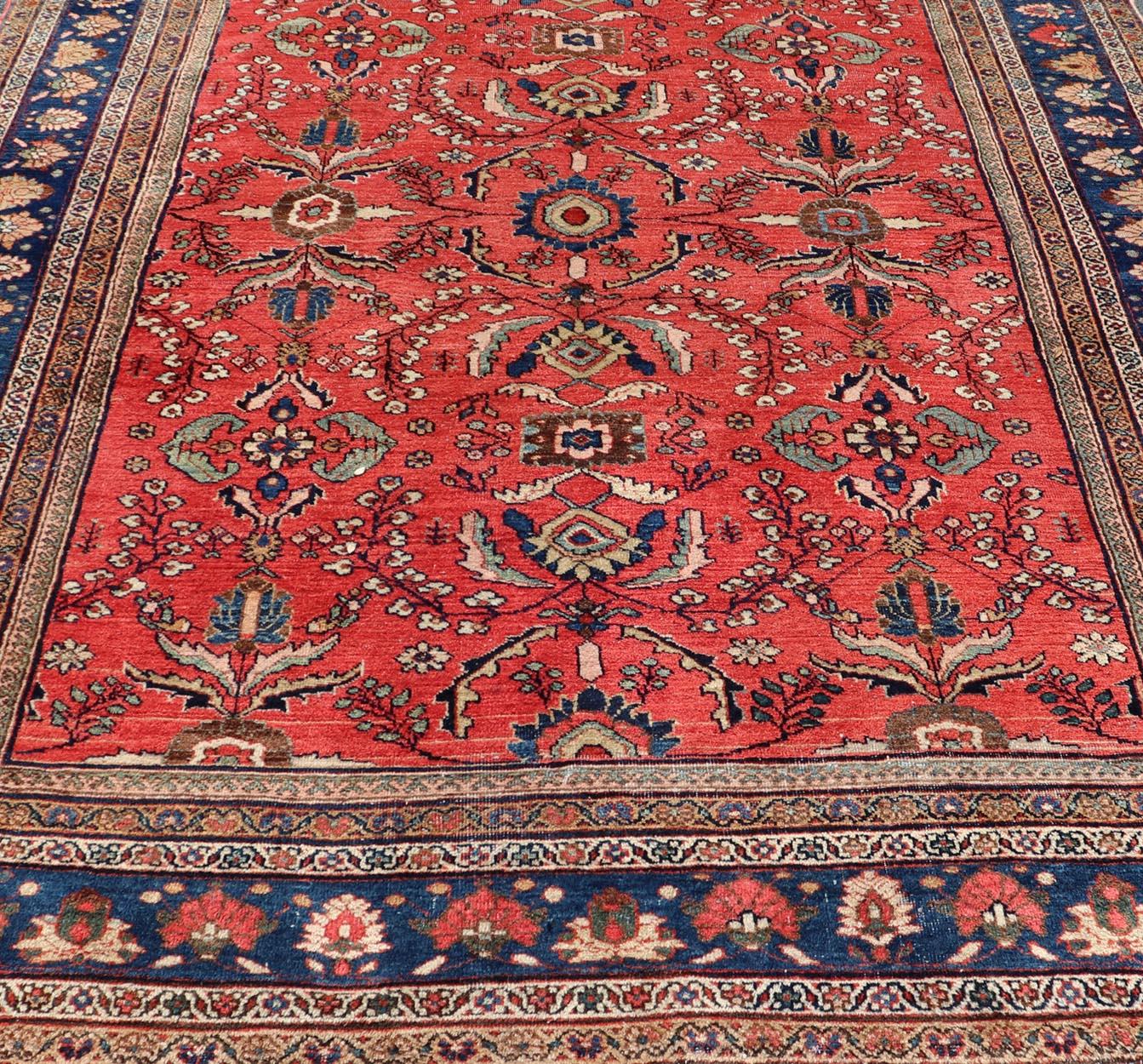 Antique Hand Knotted Persian Mahal with All-Over Florals on a Red Filed For Sale 1