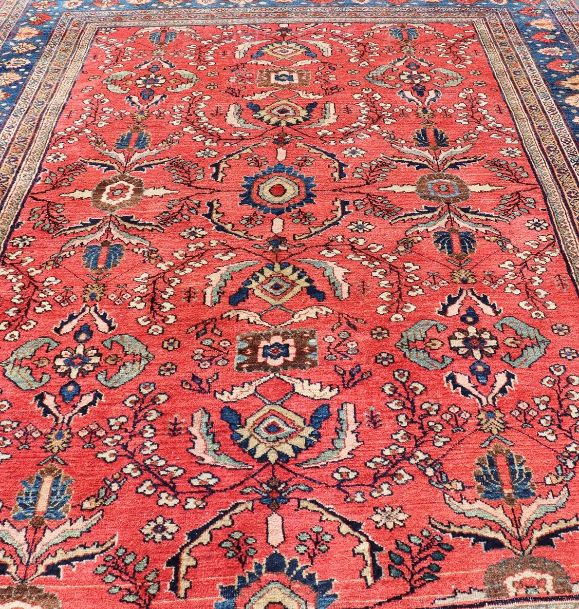 Antique Hand Knotted Persian Mahal with All-Over Florals on a Red Filed For Sale 2