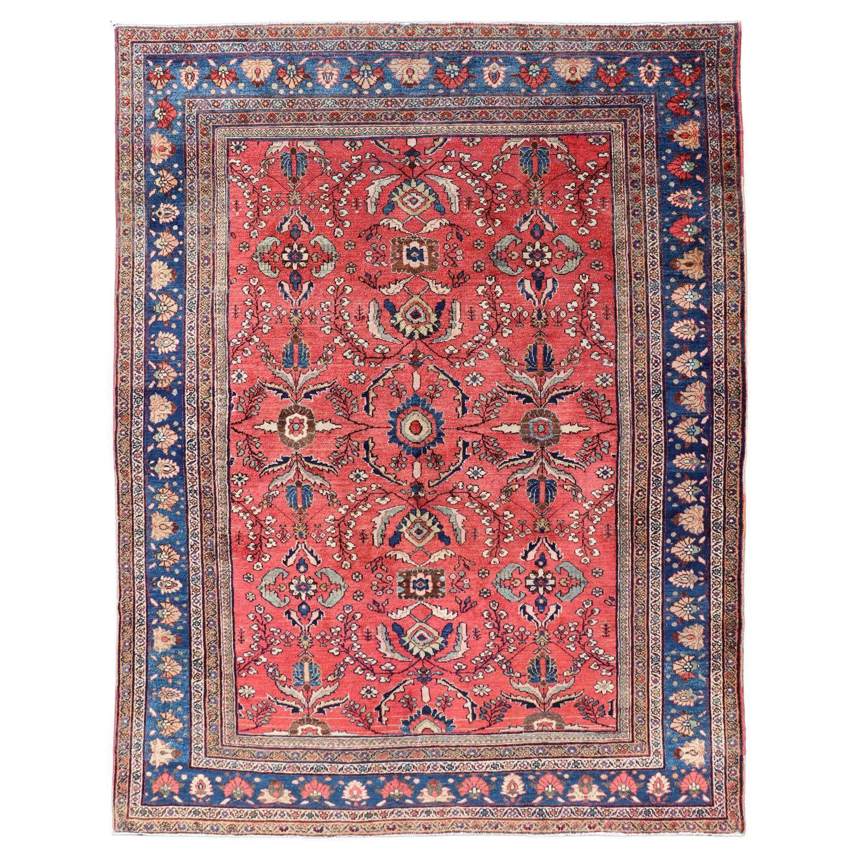 Antique Hand Knotted Persian Mahal with All-Over Florals on a Red Filed For Sale