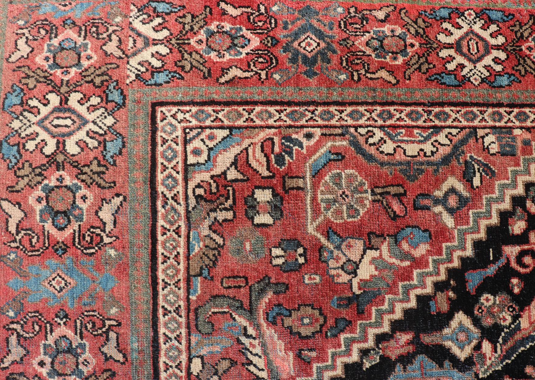 Hand-Knotted Antique Hand Knotted Persian Mahal with Florals and Geometric Medallion Design  For Sale