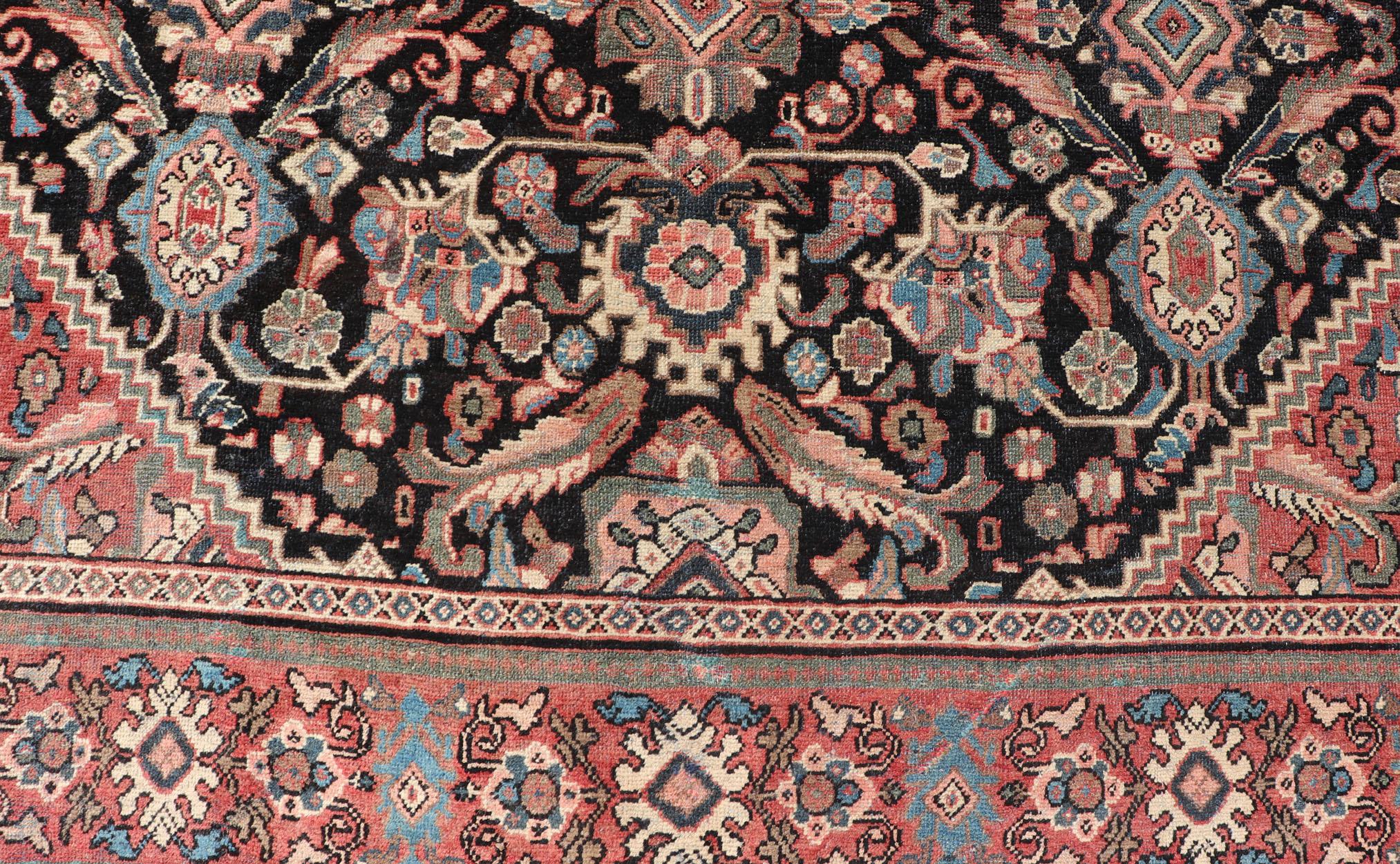 Antique Hand Knotted Persian Mahal with Florals and Geometric Medallion Design  In Good Condition For Sale In Atlanta, GA