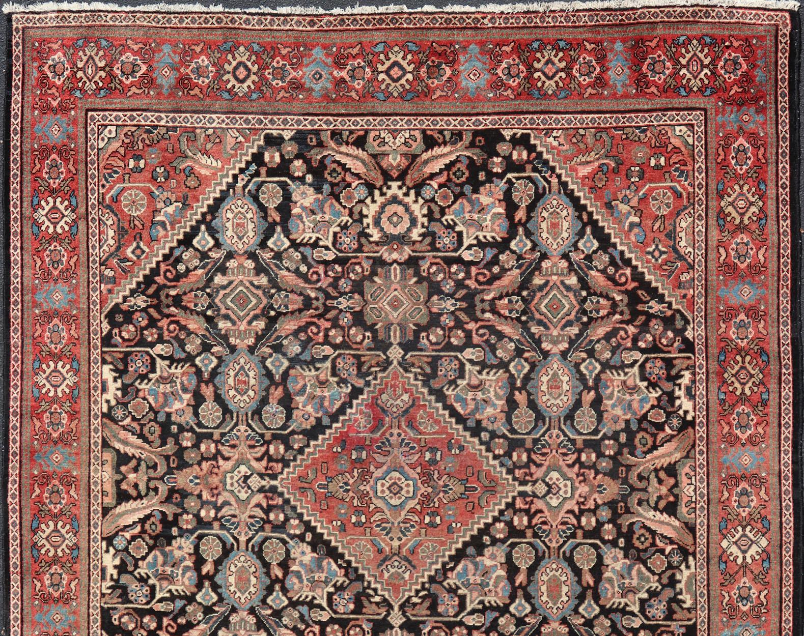 Wool Antique Hand Knotted Persian Mahal with Florals and Geometric Medallion Design  For Sale
