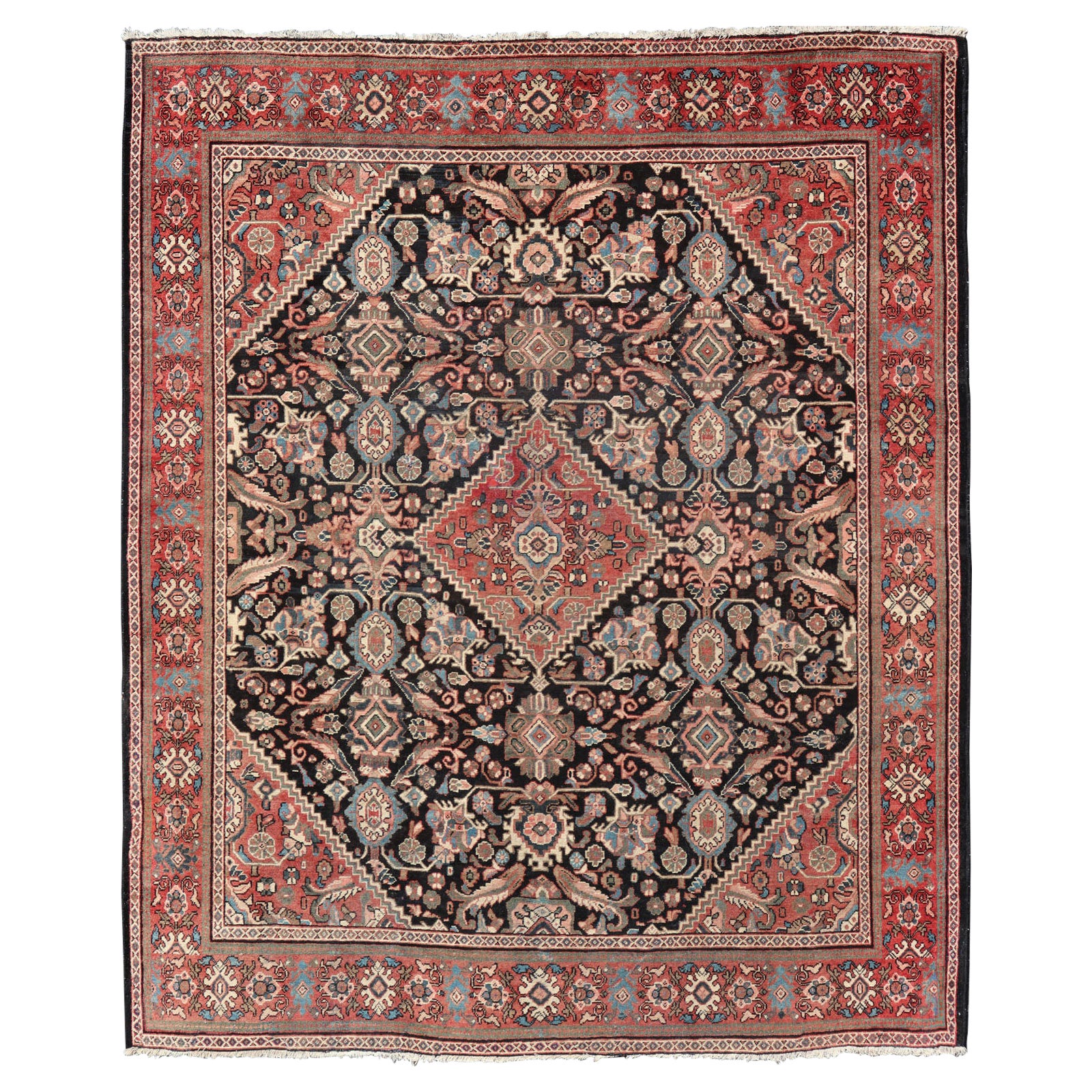 Antiker handgeknüpfter persischer Mahal mit Blumen und geometrischem Medaillonmuster, antik