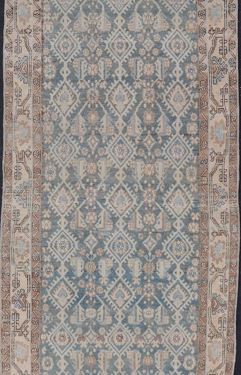 Hand-Knotted Antique Hand Knotted Persian Malayer Long Runner with Sub Geometric Motifs For Sale
