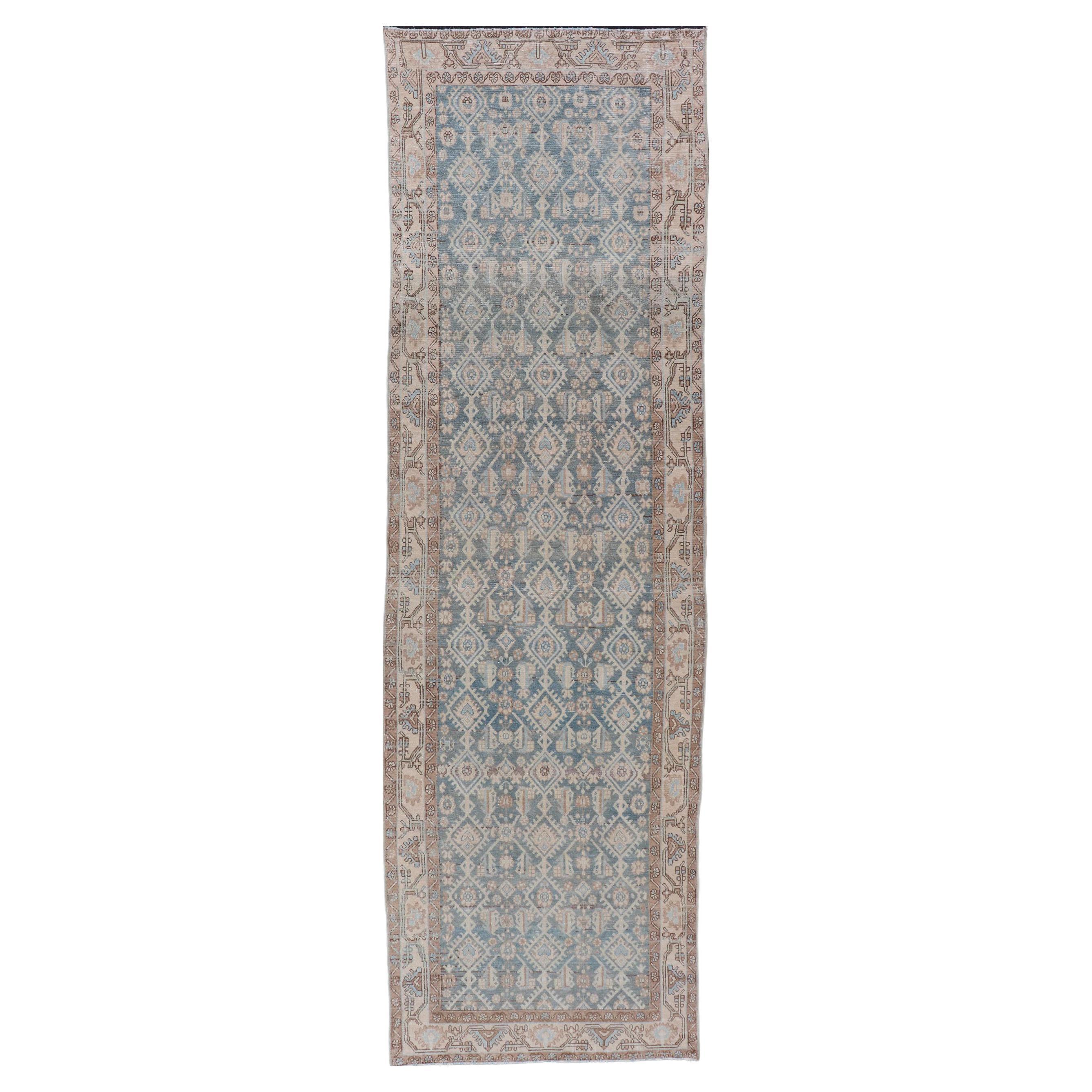 Antique Hand Knotted Persian Malayer Long Runner with Sub Geometric Motifs For Sale