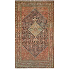 Antique Hand-Knotted Wide and Long Navy Blue Wool Persian Malayer Rug