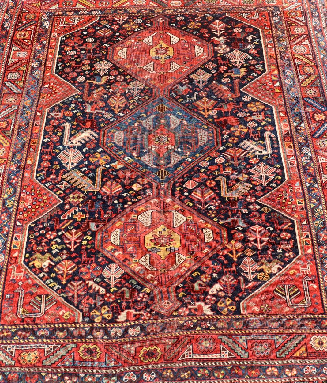 Antique Hand Knotted Persian Qashqai Shiraz Tribal Rug with Tribal Design For Sale 5