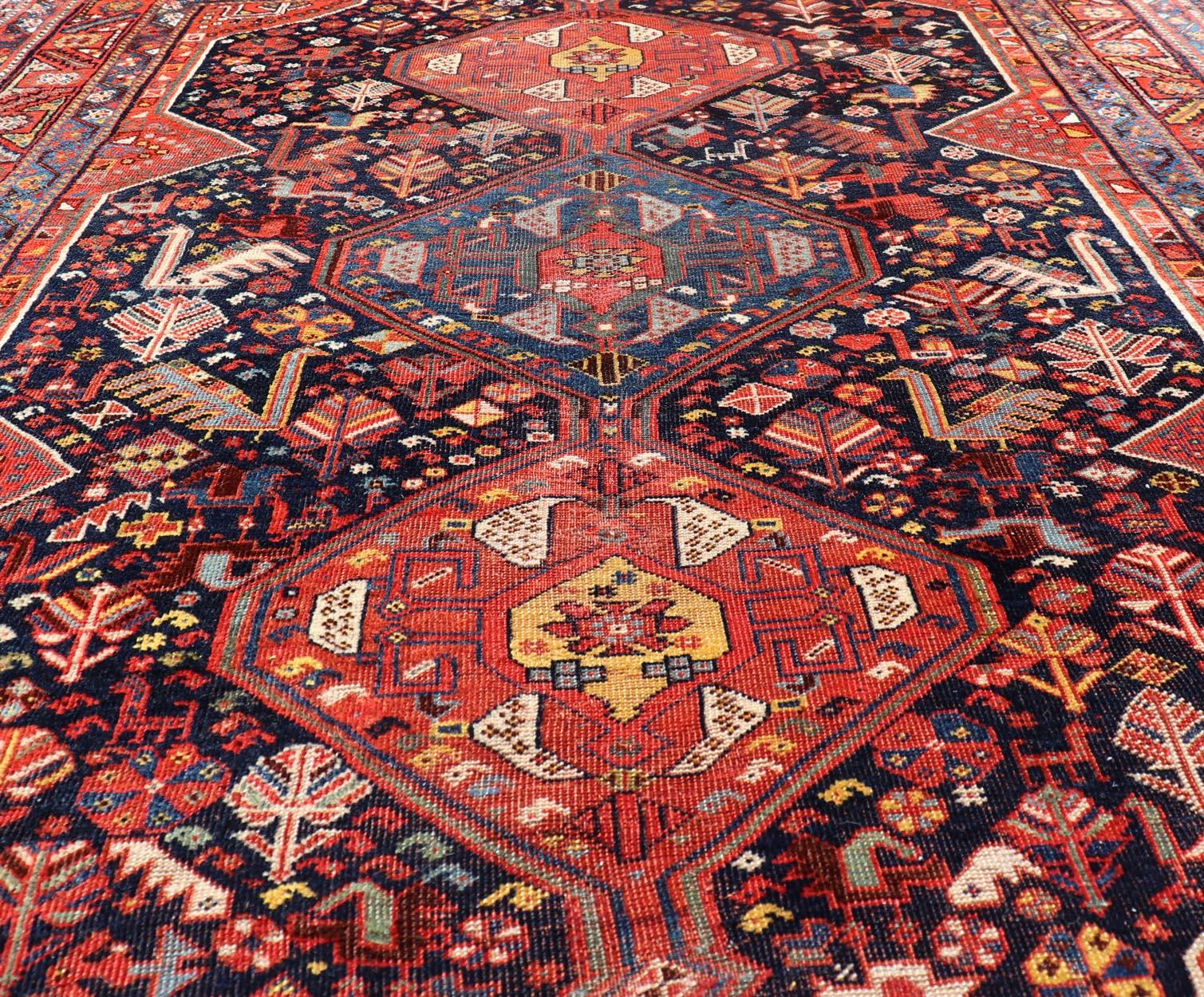 Antique Hand Knotted Persian Qashqai Shiraz Tribal Rug with Tribal Design For Sale 6