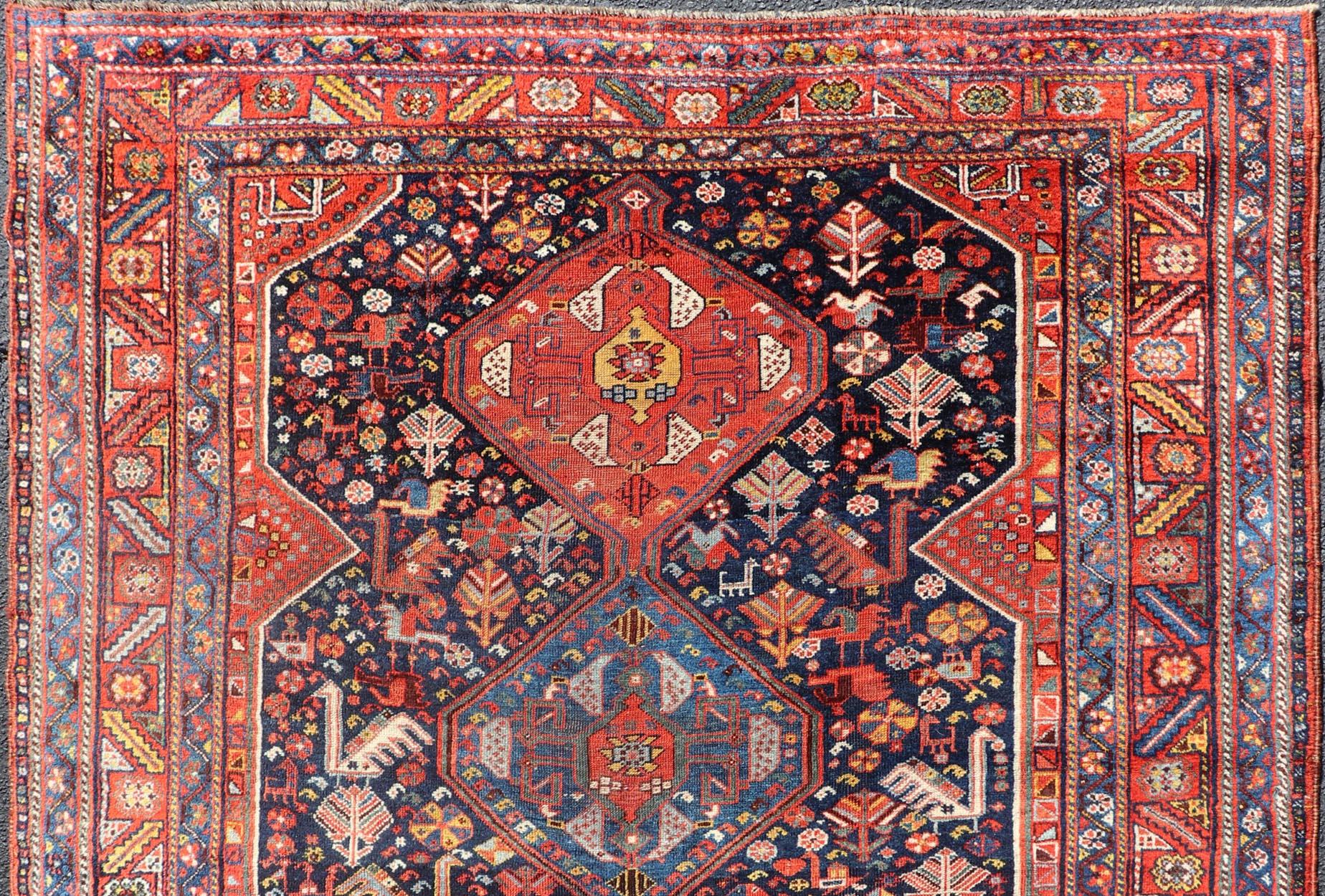 Antique Hand Knotted Persian Qashqai Shiraz Tribal Rug with Tribal Design For Sale 2