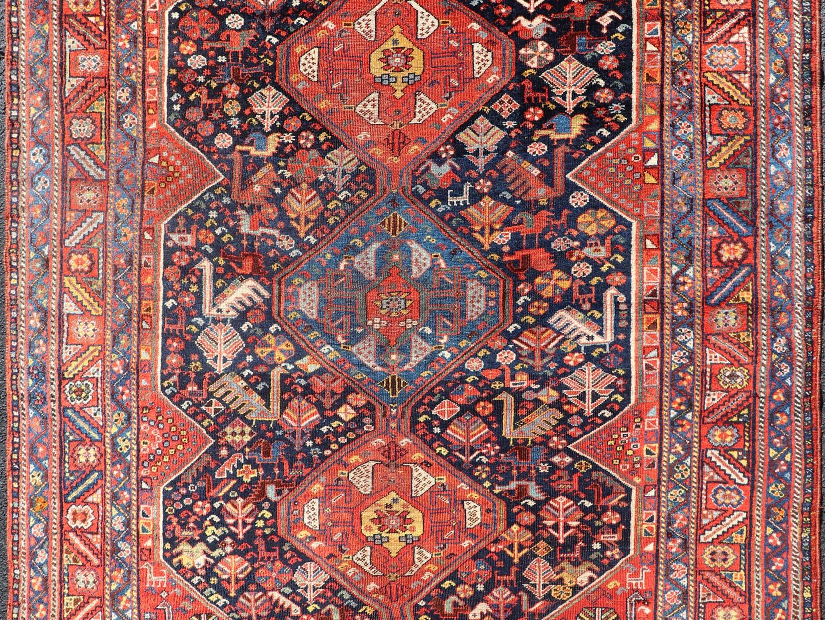 Antique Hand Knotted Persian Qashqai Shiraz Tribal Rug with Tribal Design For Sale 3