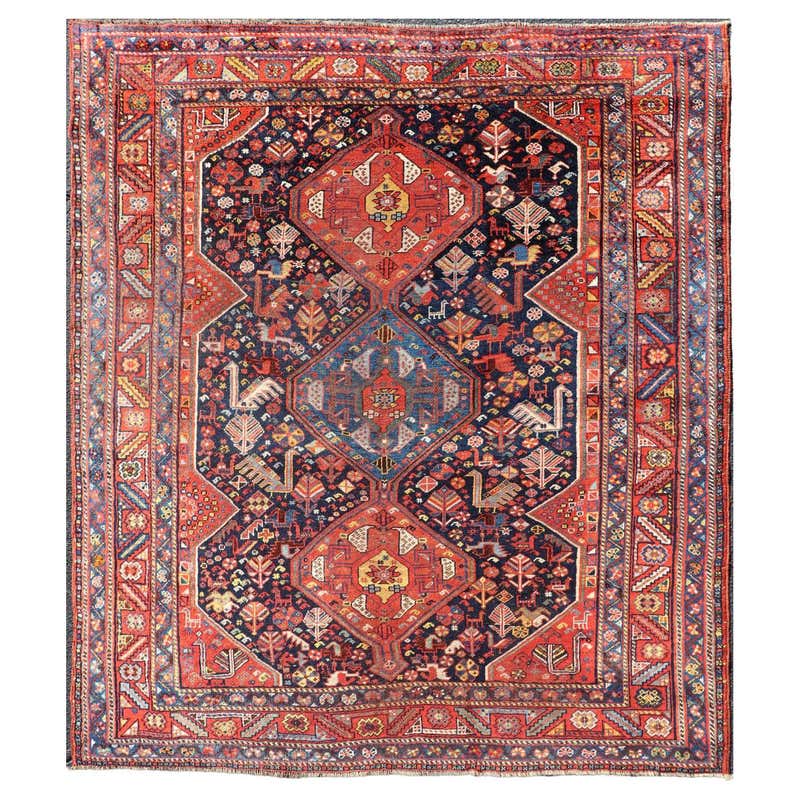 Persian Hand Knotted Tribal Bird Motif Red Ghashghai Rug at 1stDibs ...
