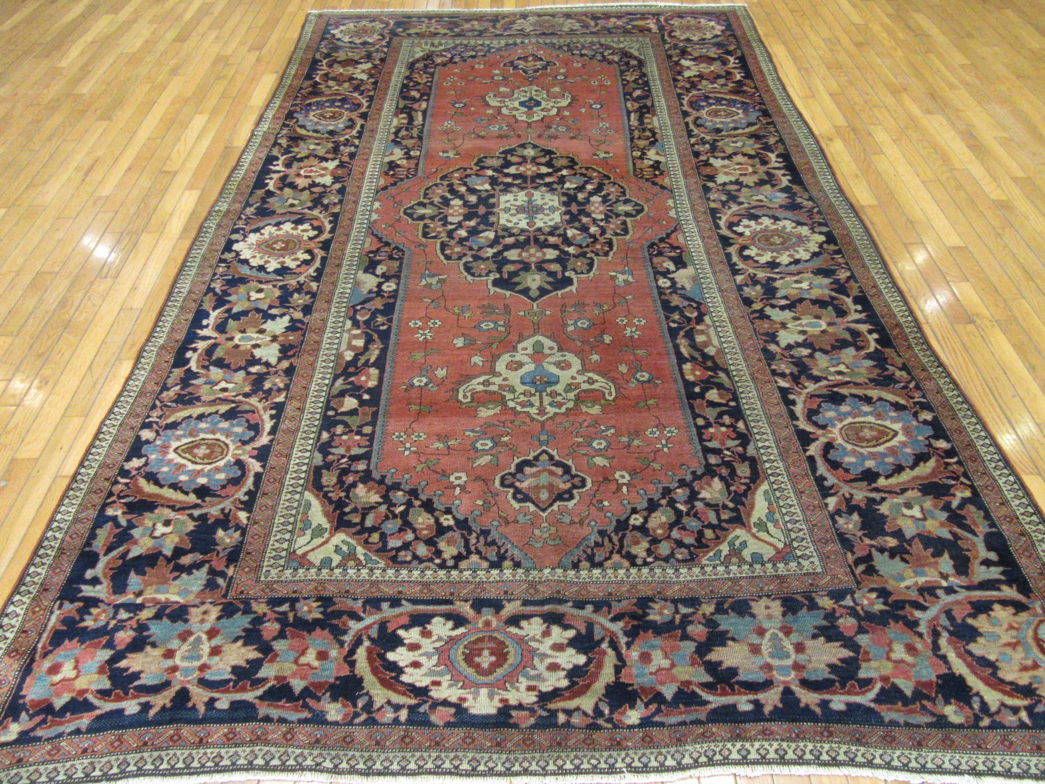 Antique Hand Knotted Red, Navy Wool Persian Sarouk Farahan Rug For Sale 7