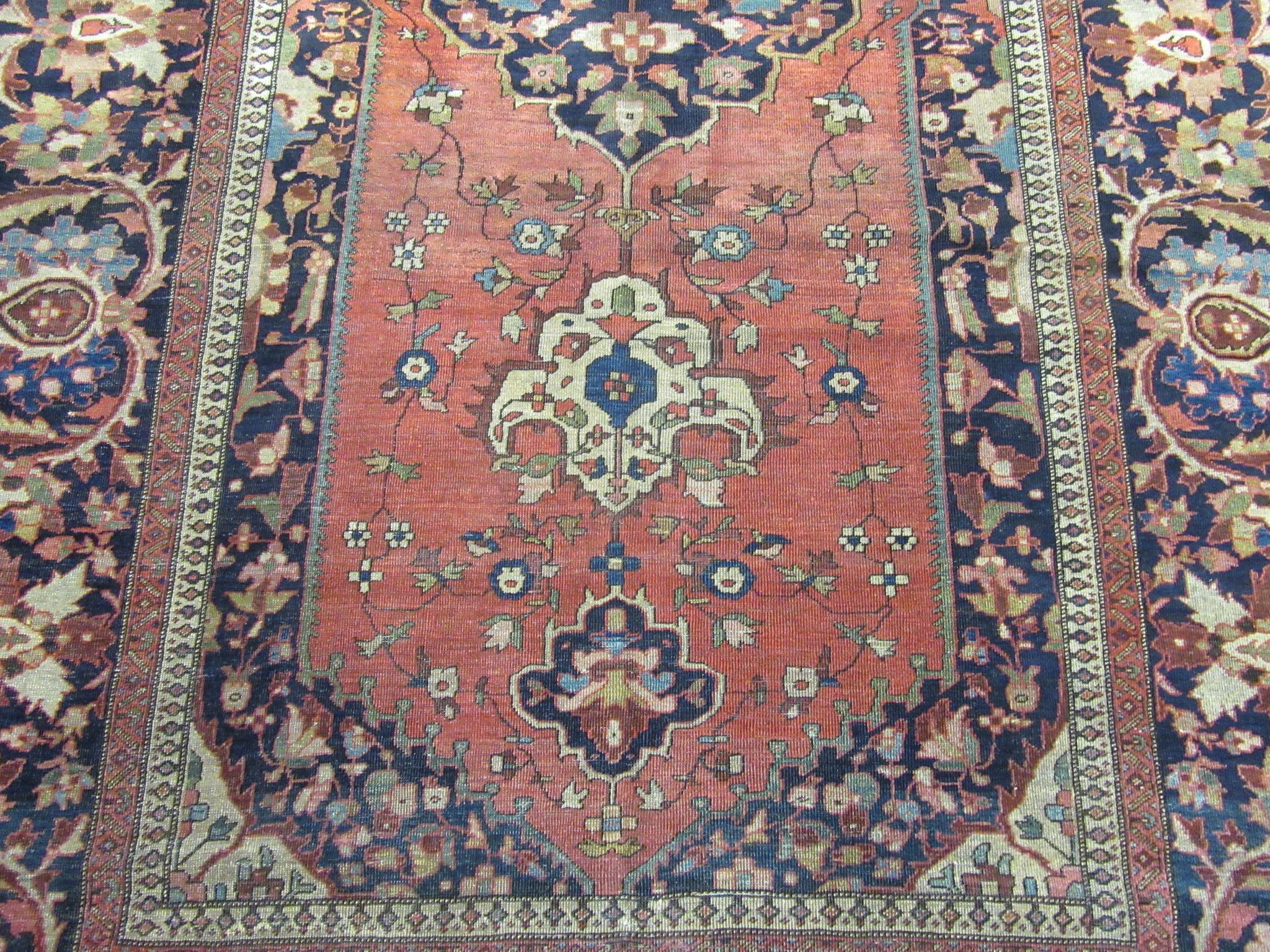 19th Century Antique Hand Knotted Red, Navy Wool Persian Sarouk Farahan Rug For Sale